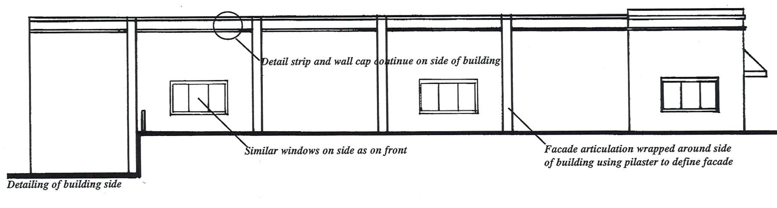 Architectural elevation diagram showing detailing of building side, wall cap continuation, side windows, and facade articulation using pilasters