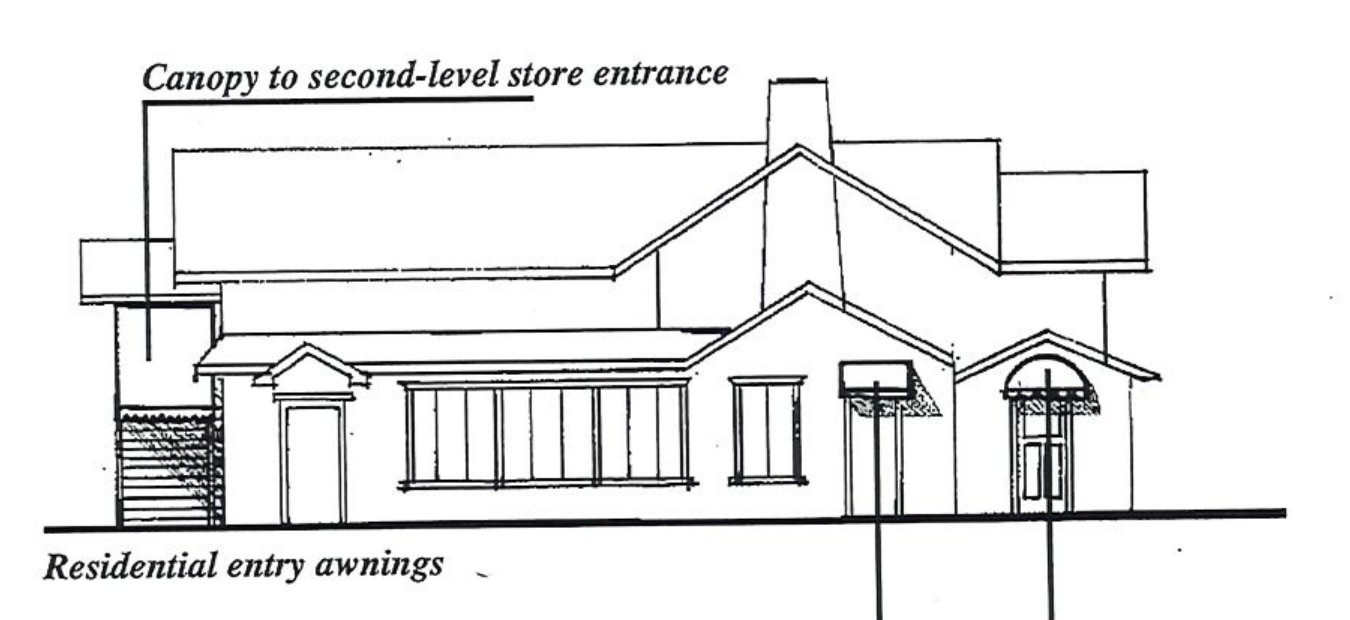 Architectural elevation drawing showing canopy to second-level store entrance and residential entry awnings.