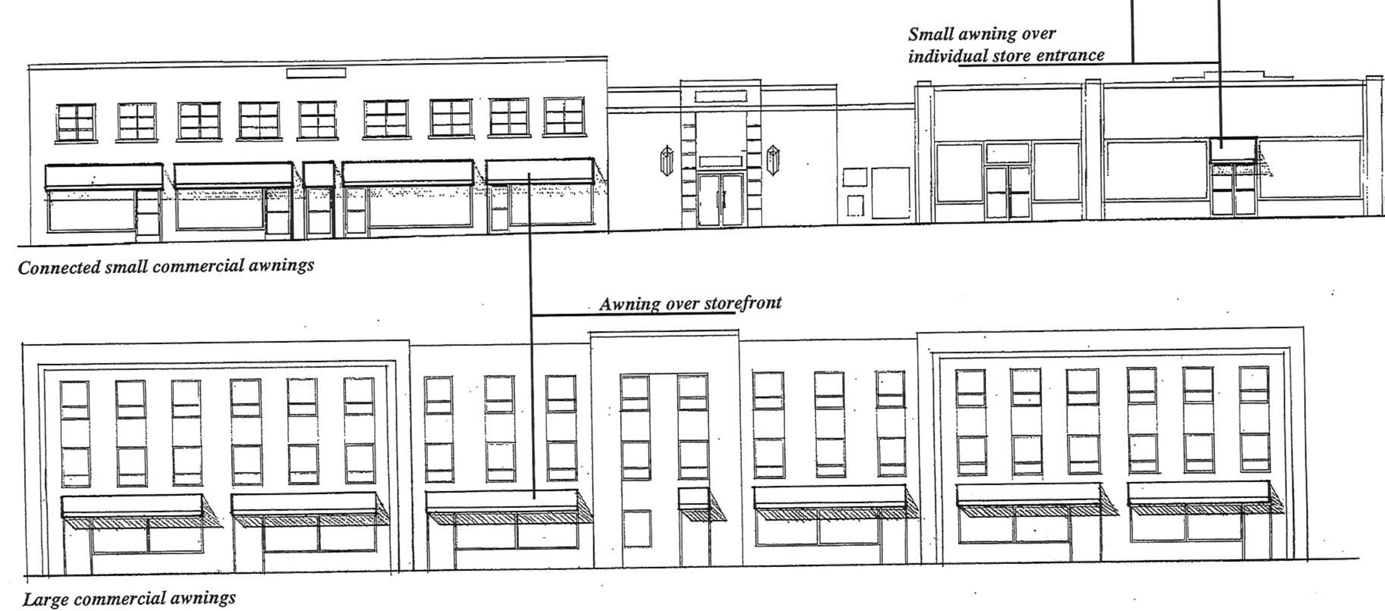 Architectural elevation drawings showing connected small commercial awnings, individual store entrance awnings, storefront awnings, and large commercial awnings.