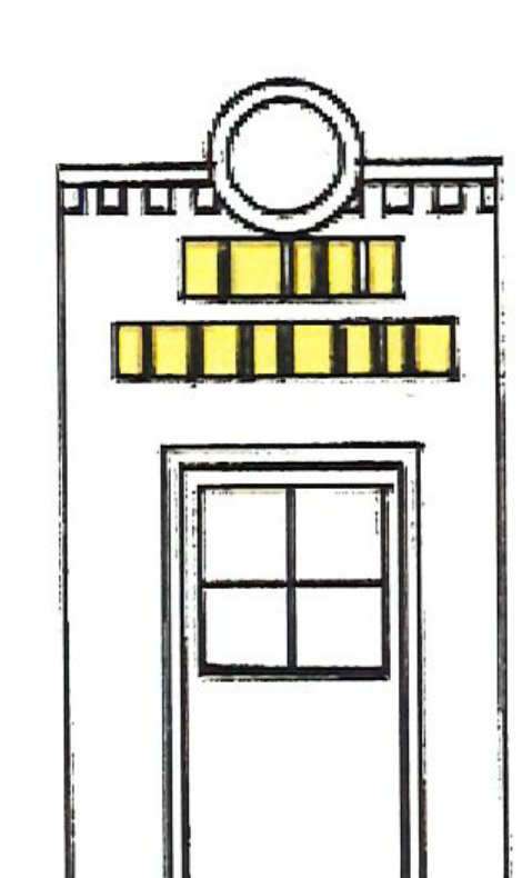 Illustration of letters applied to building facade above the entrance