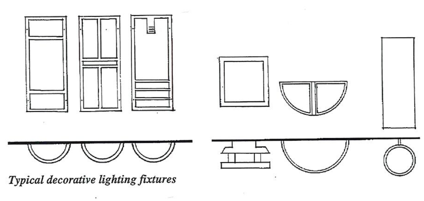 Drawings of typical decorative lighting fixtures shown in elevation and plan views.