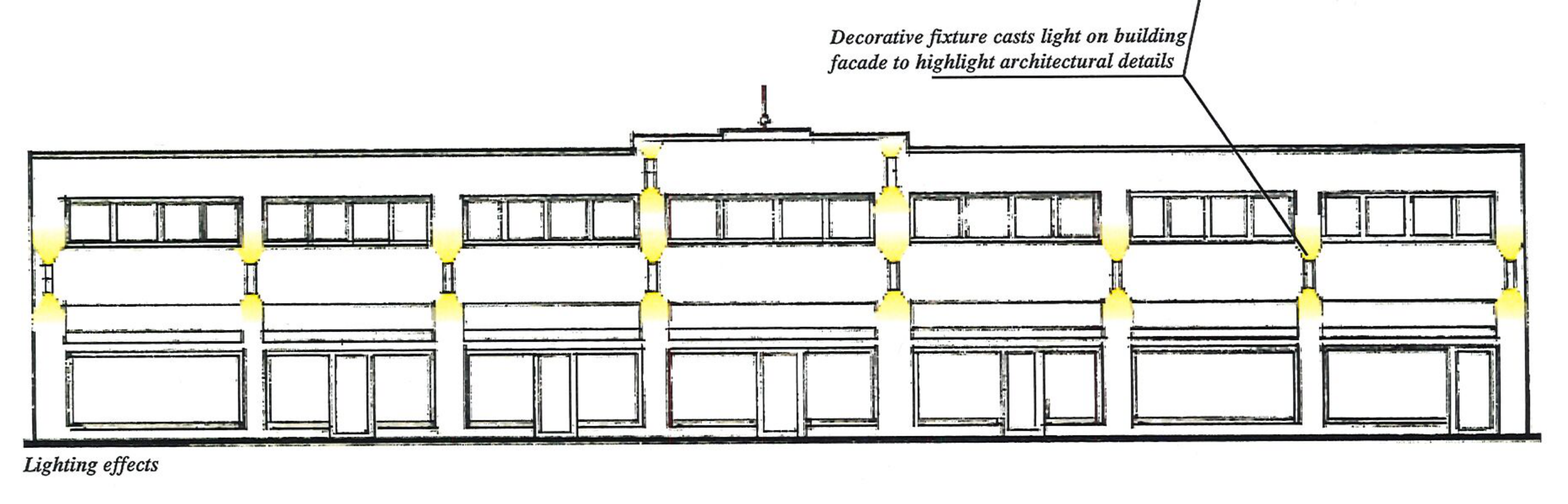 Elevation diagram showing decorative fixture casting light on building facade to highlight architectural details and lighting effects.