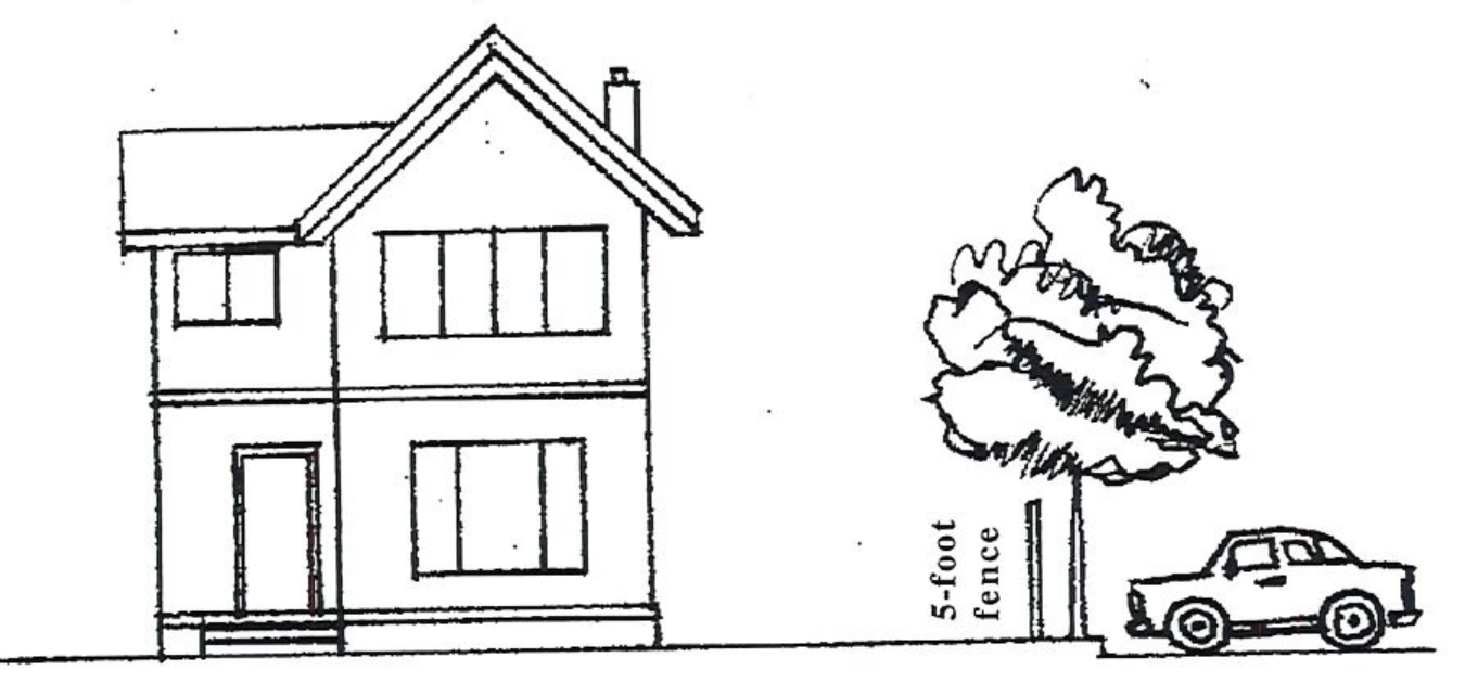 Illustration showing residential house adjacent to parking lot with 5-foot privacy fence and trees
