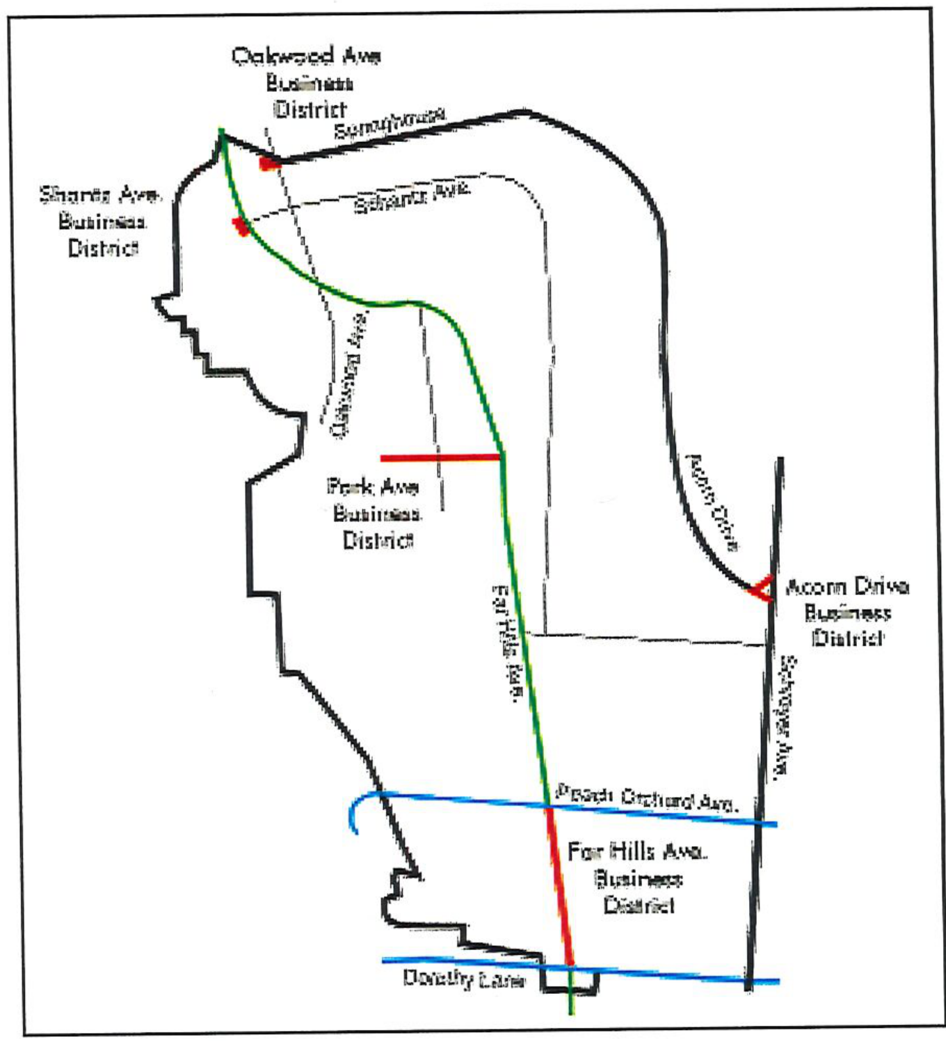 Map of Oakwood Business Districts illustrating locations of Oakwood Ave Business District, Shantz Ave Business District, Park Ave Business District, Far Hills Ave Business District, Acorn Drive Business District, and Dorothy Lane.