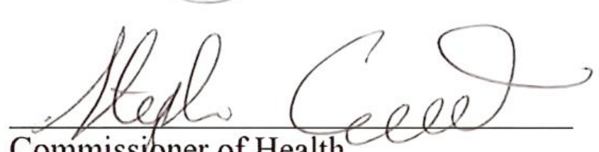 Handwritten signature associated with the role of Commissioner of Health