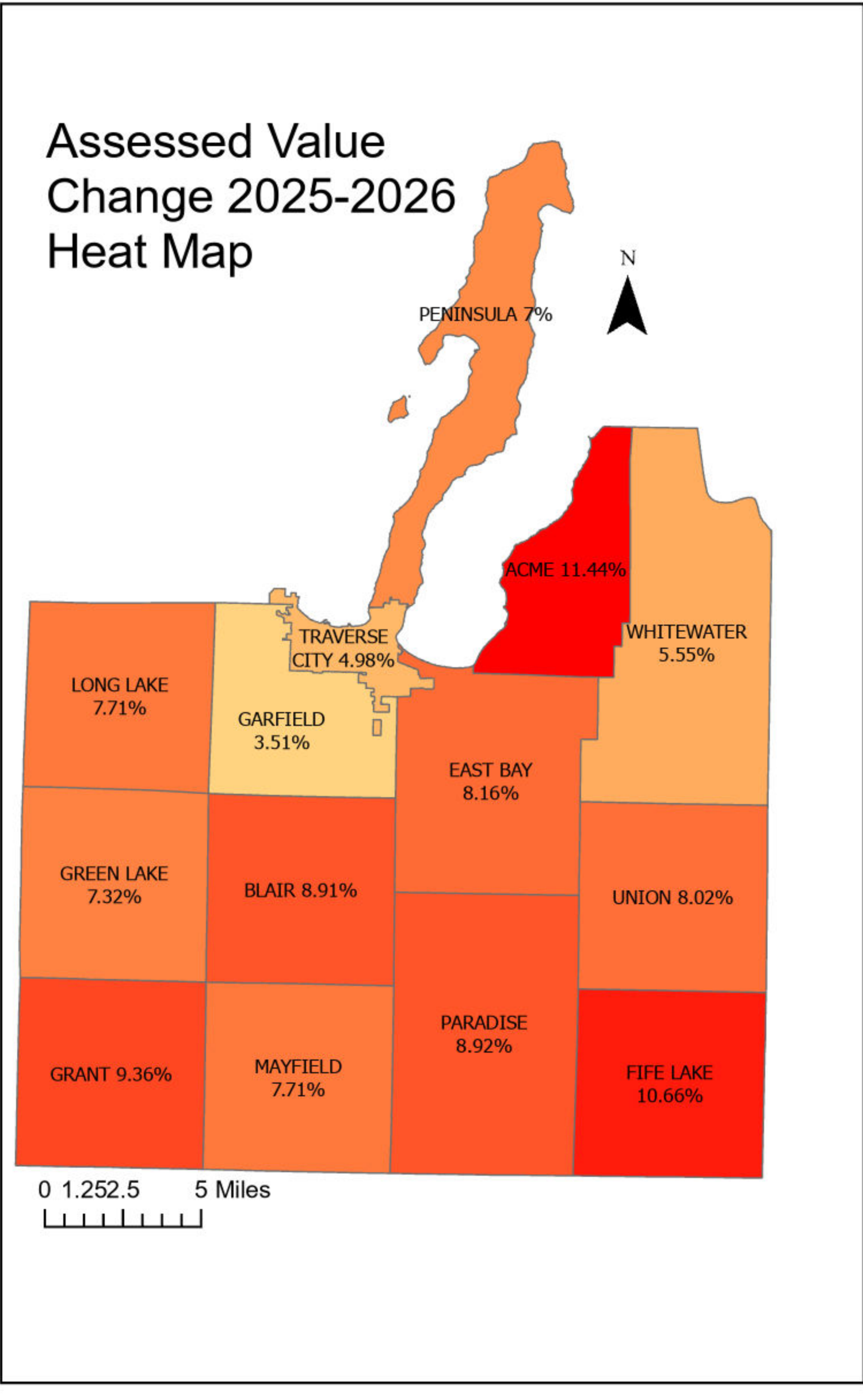 Assessed Value Change 2025-2026 Heat Map of Grand Traverse County municipalities with percentage increases by township and city.