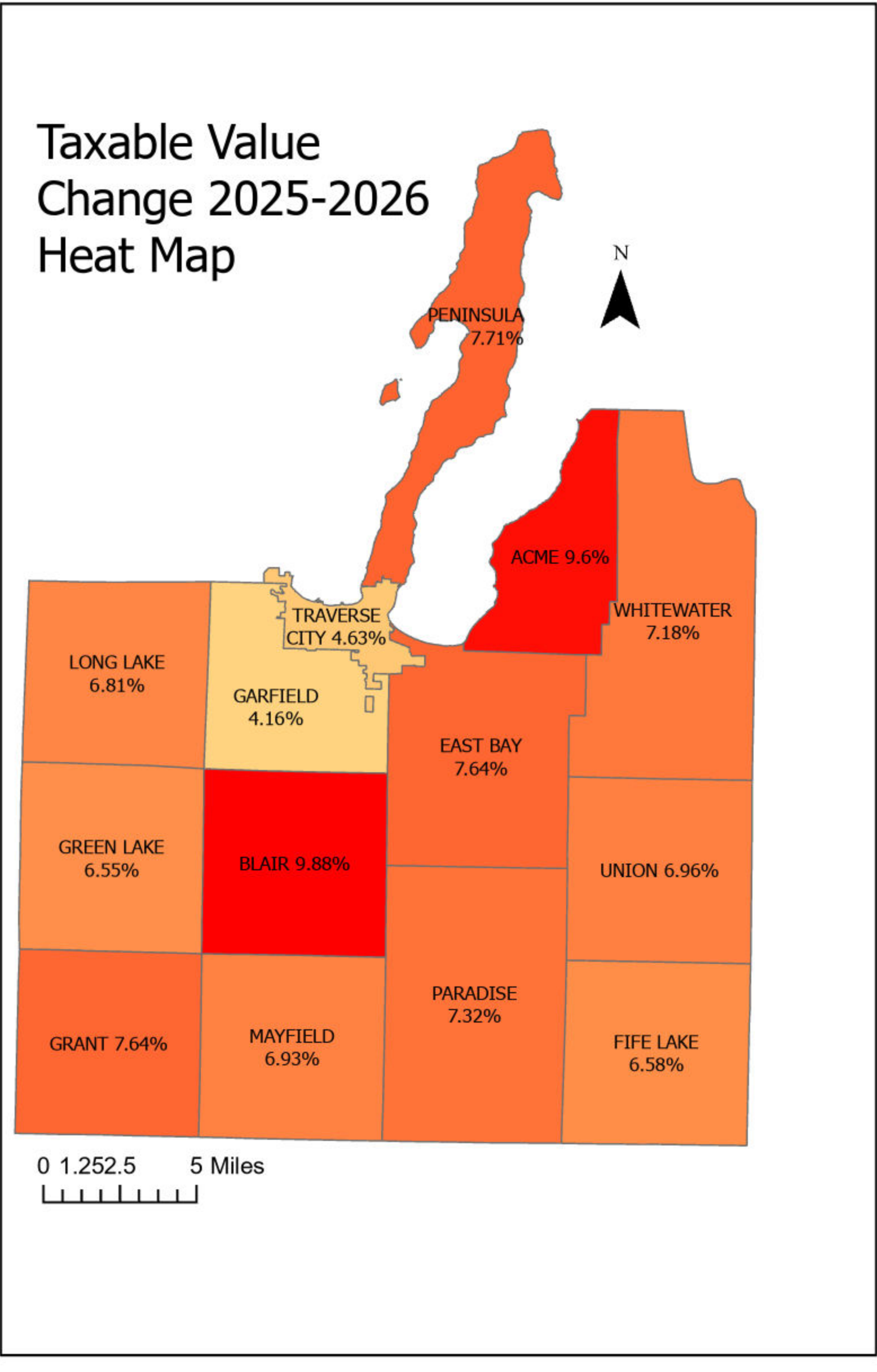 Taxable Value Change 2025-2026 Heat Map of Grand Traverse County municipalities with percentage increases by township and city.