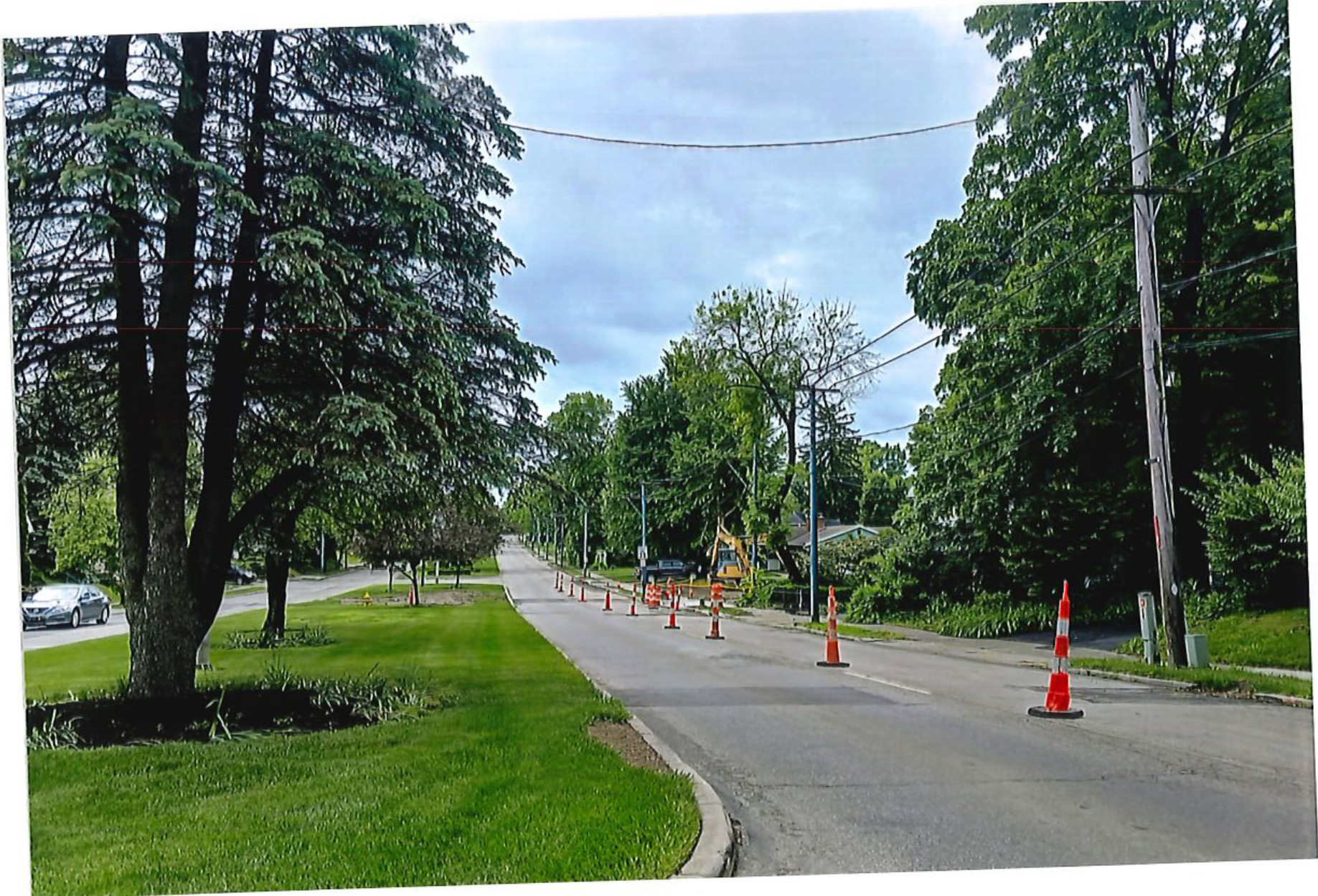 Photograph of a residential street with traffic cones lining the right side of the road alongside trees and grass.