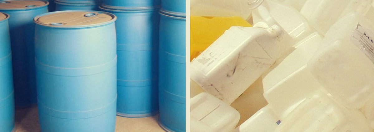 Blue agricultural drums and white HDPE plastic containers