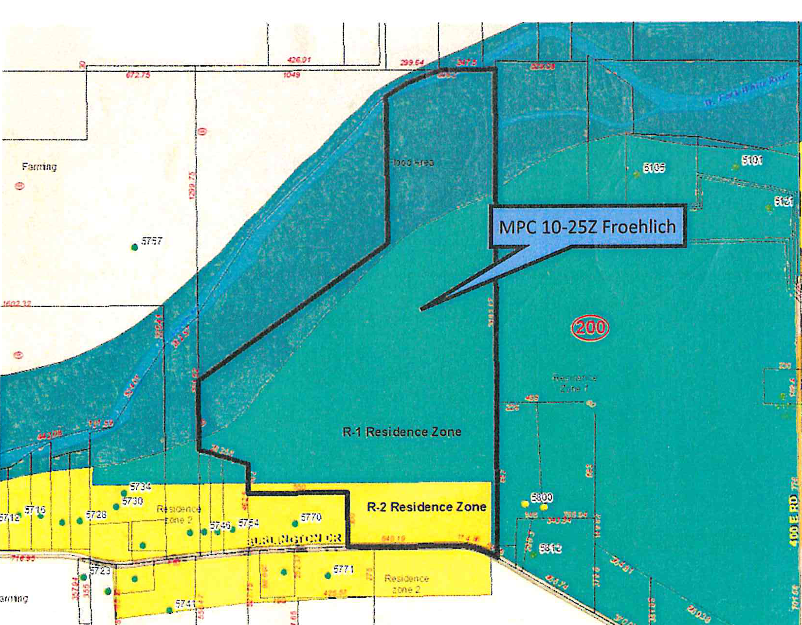 Zoning and parcel map for MPC 10-25Z Froehlich along Burlington Drive, showing R-1 and R-2 Residence Zones and surrounding parcels