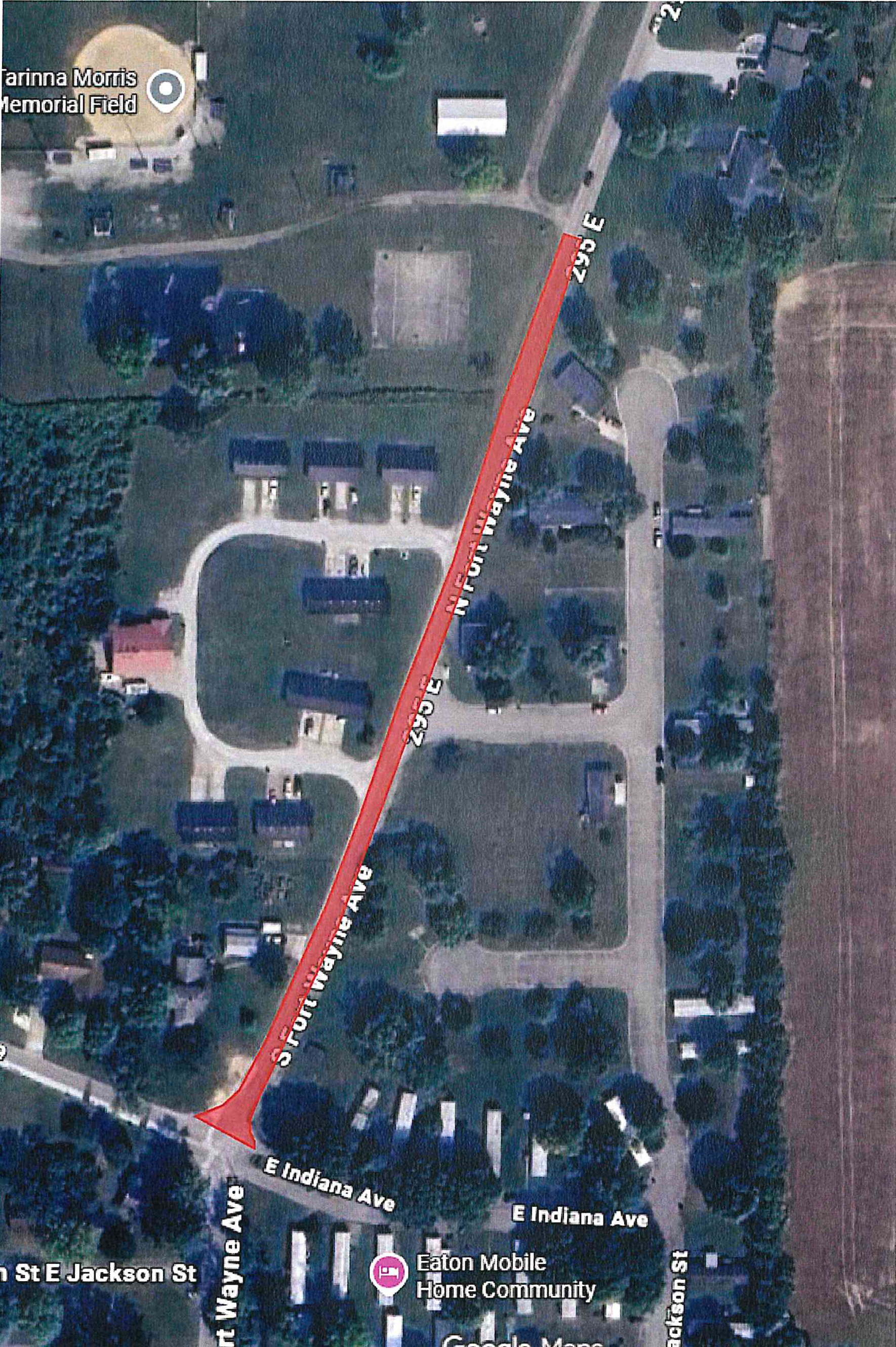 Satellite map showing a red route along N Fort Wayne Ave and S Fort Wayne Ave between the upper road segment and E Indiana Ave, with Marina Morris Memorial Field and Eaton Mobile Home Community visible nearby