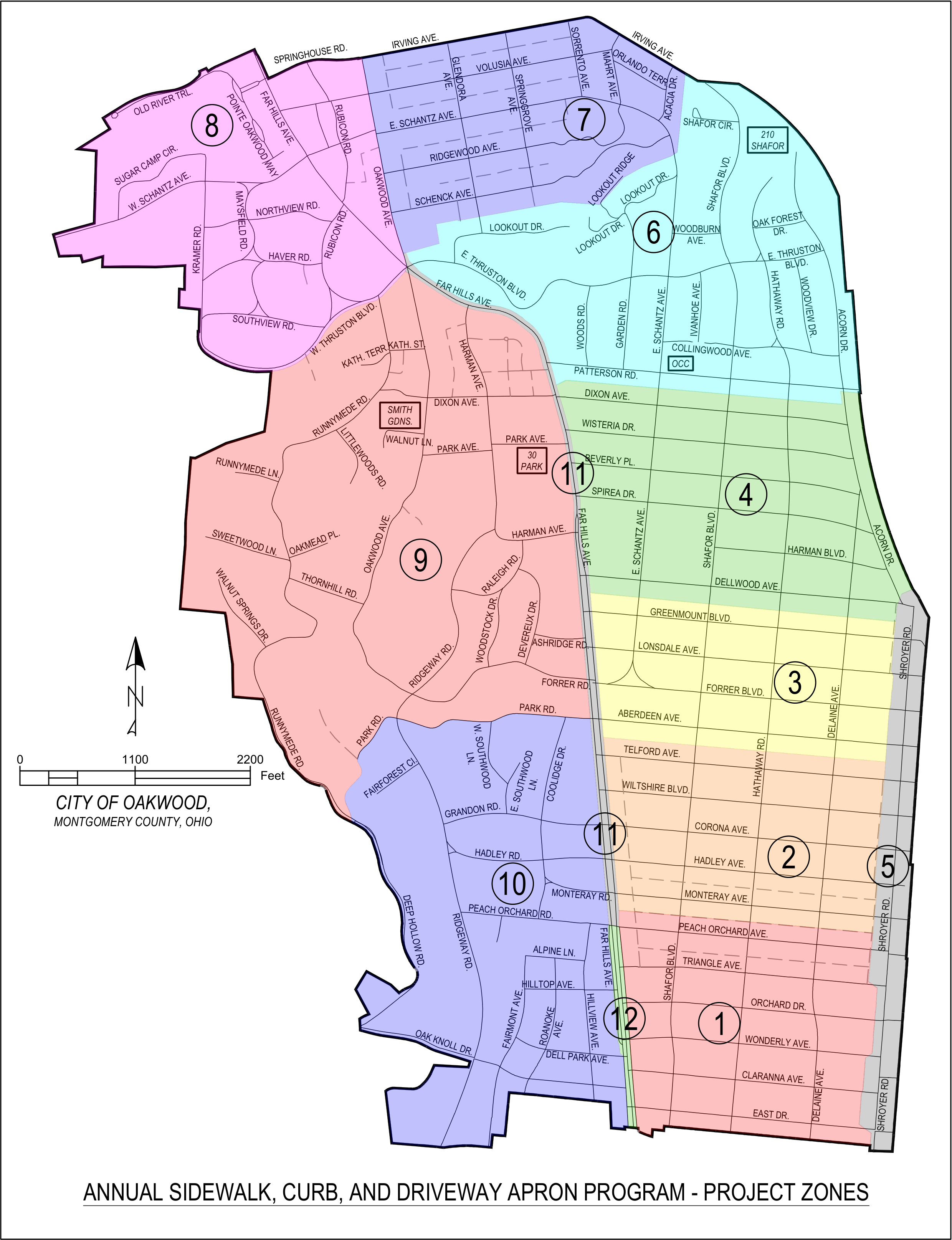 Project Zones Map for the City of Oakwood Annual Sidewalk, Curb, and Driveway Apron Program, showing municipal numbered zones 1 through 12, street grid, north arrow, and distance scale.