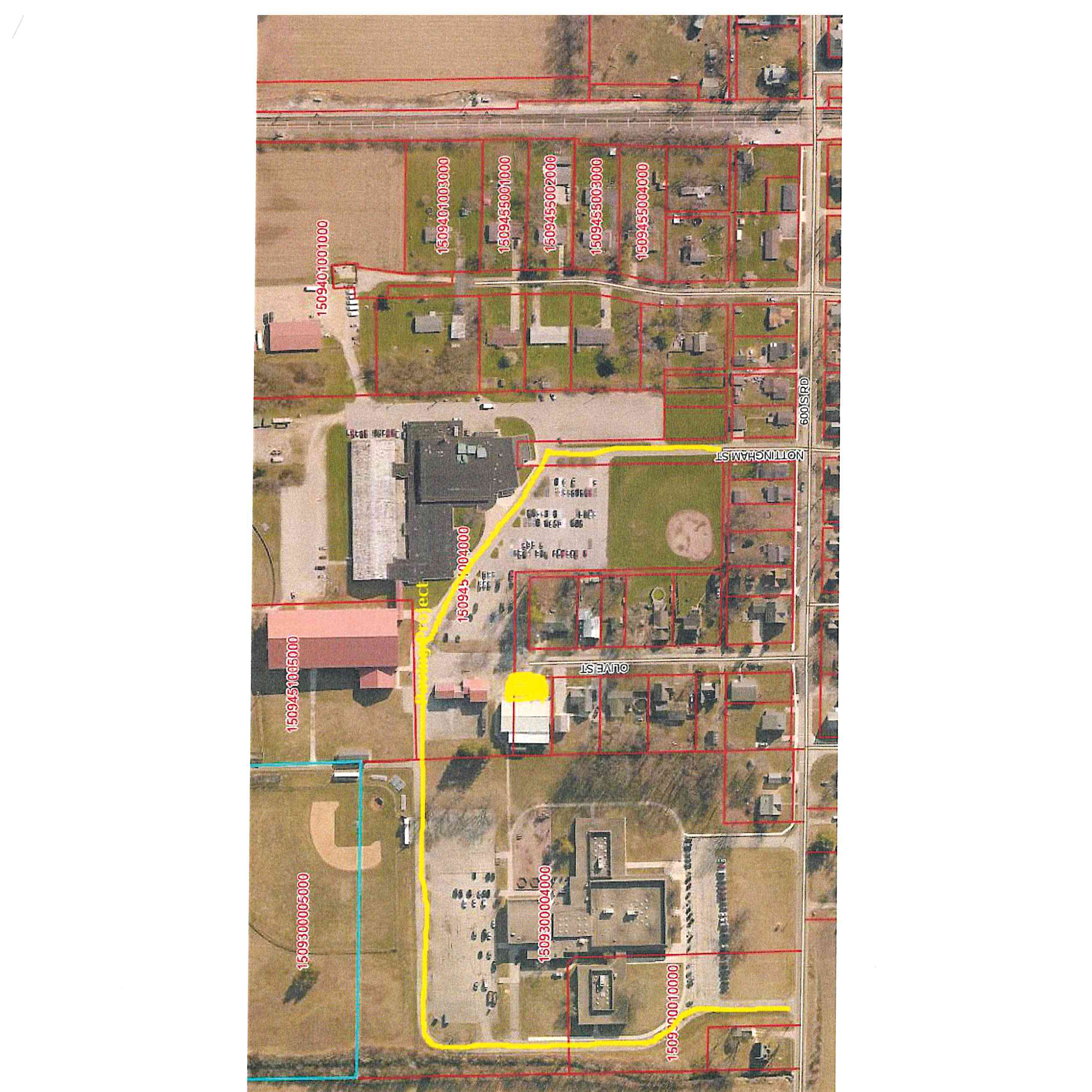 Aerial GIS map showing parcel boundaries, yellow path alignment, and surrounding streets including Nottingham St, Olive St, and 600 S Rd.