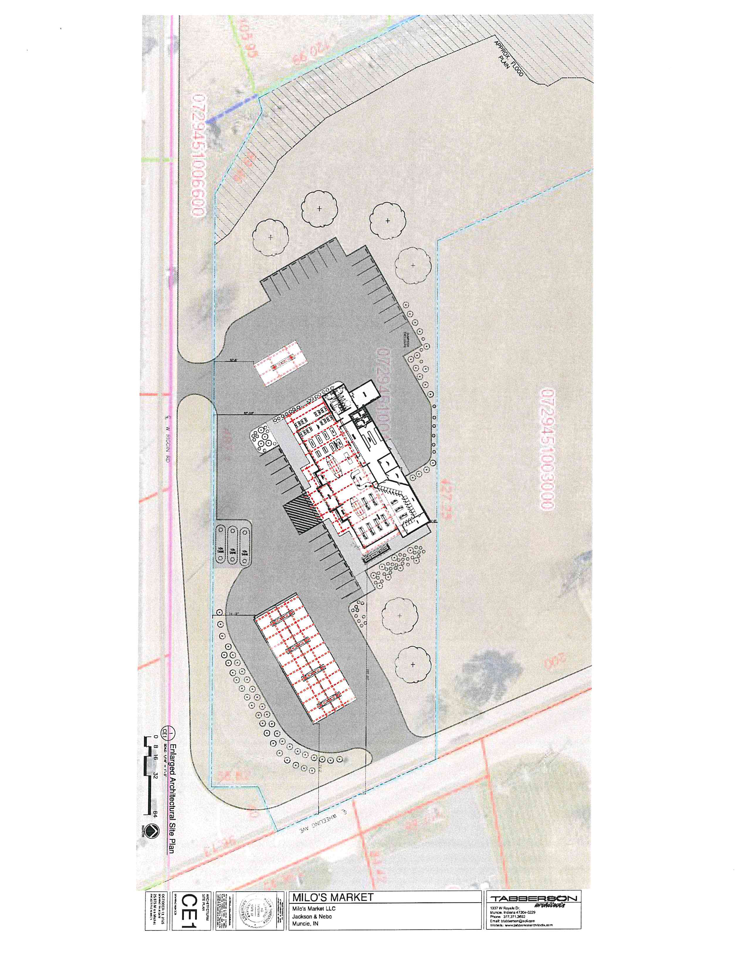 Complete sheet CE1 for Milo's Market, showing the architectural site plan and its title block with the proposed building, fueling canopies, parking, access drives, underground storage tanks, landscaping, and site labels.