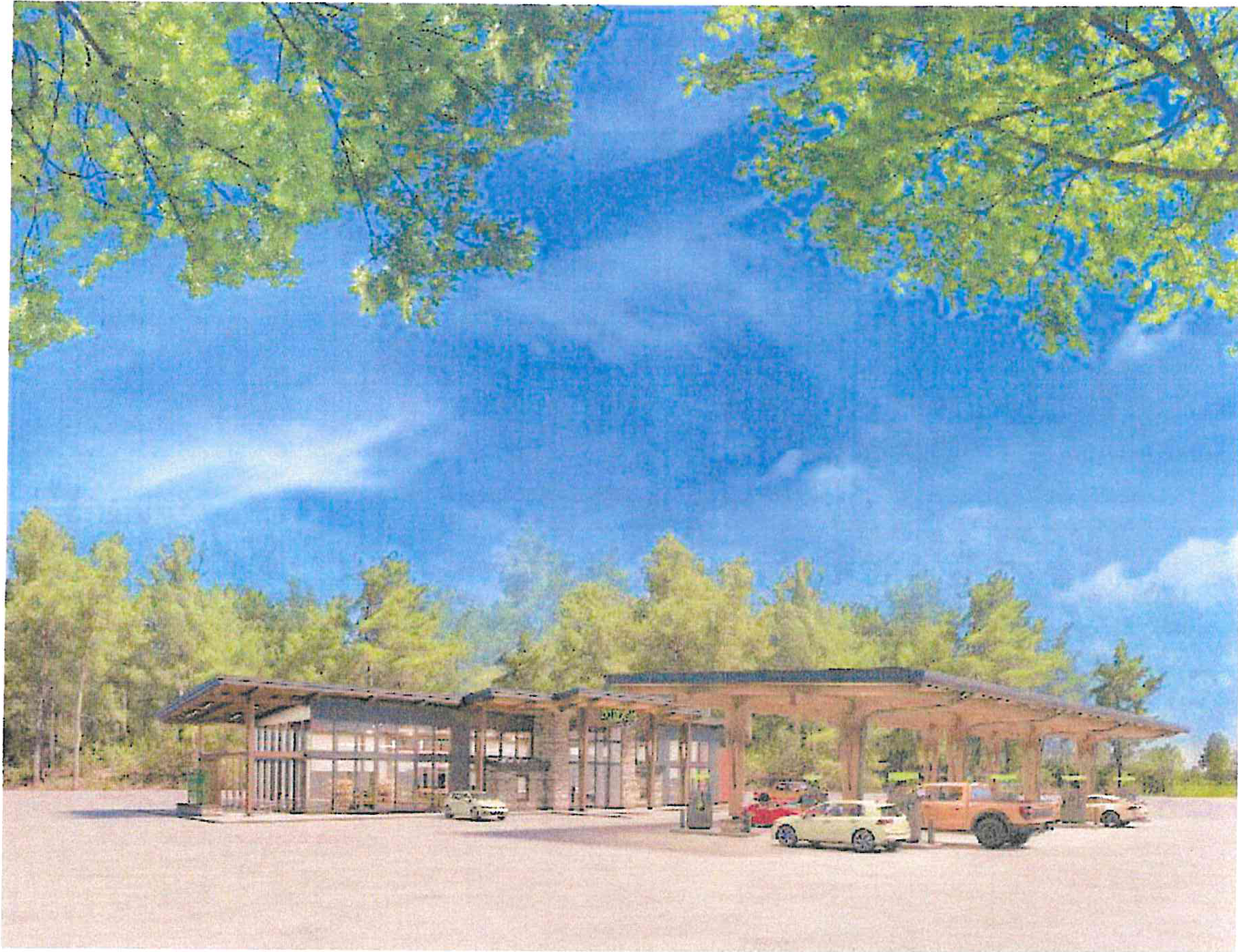 Architectural exterior rendering of a timber-framed gas station, convenience store, and fuel canopy with vehicles parked in front of a pine forest