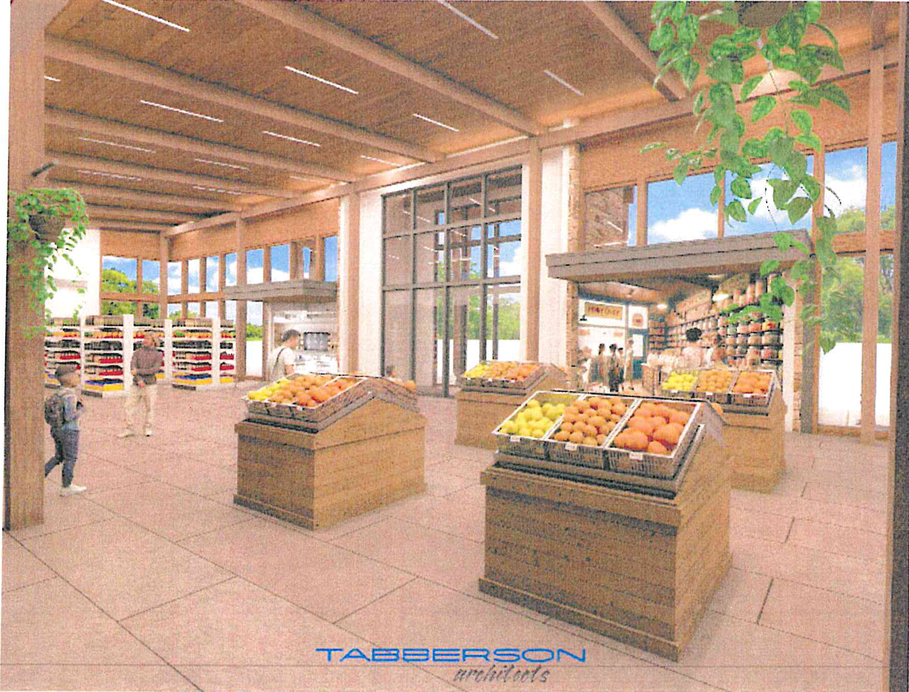 Architectural interior rendering of the convenience market featuring exposed wood truss ceilings, fresh produce stands with citrus fruit, retail shelving, and Tabberson Architects logo