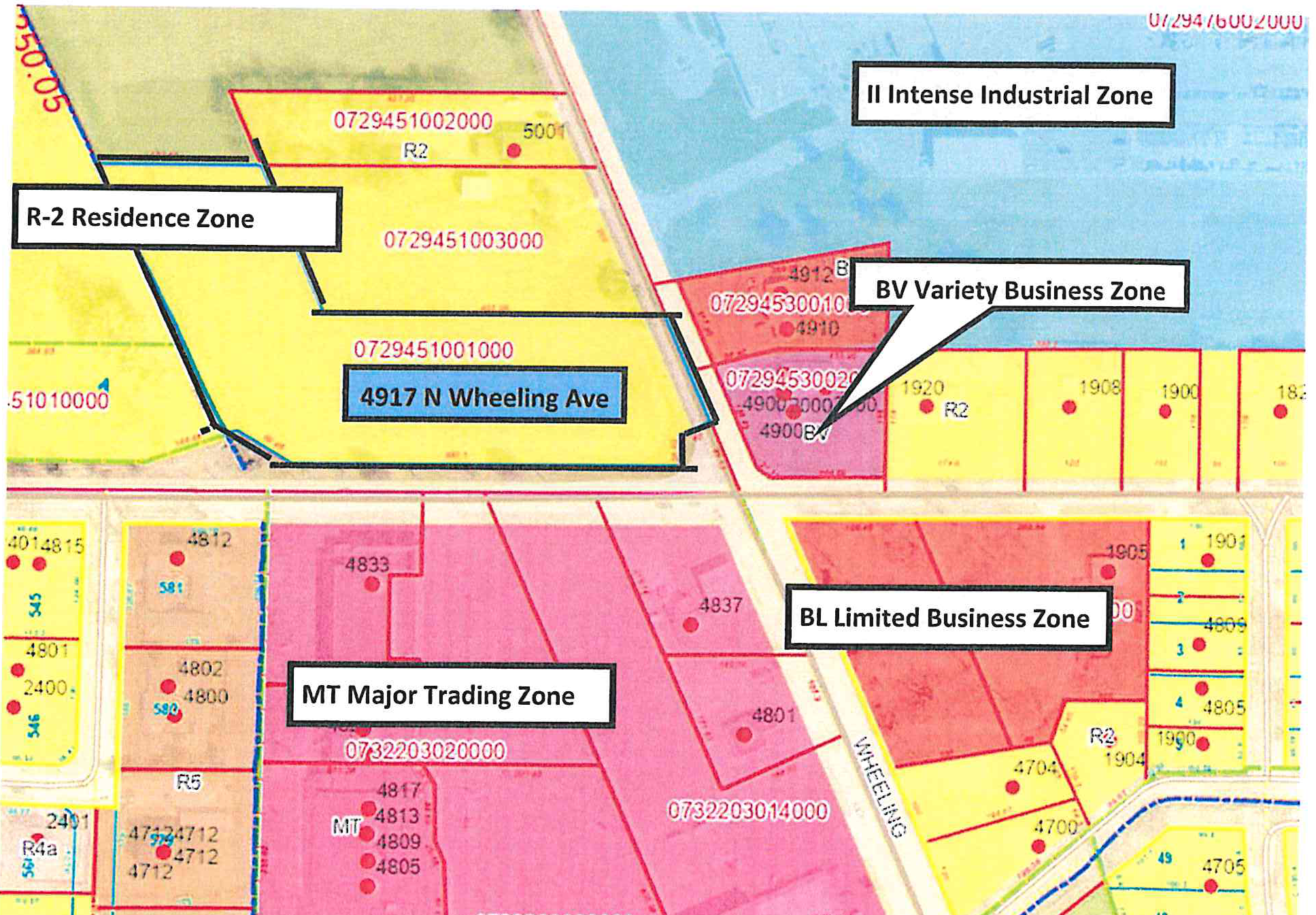 Zoning and parcel map around 4917 N Wheeling Ave displaying zoning classifications including R-2 Residence Zone, BV Variety Business Zone, MT Major Trading Zone, BL Limited Business Zone, and II Intense Industrial Zone.