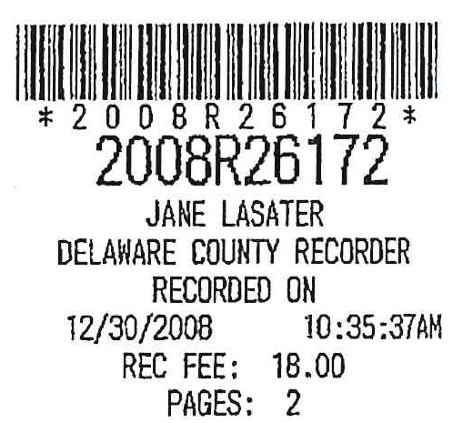 Delaware County Recorder stamp and barcode, instrument number 2008R26172, recorded 12/30/2008