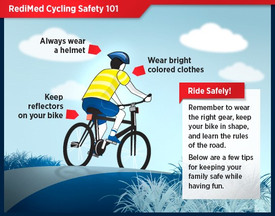 RediMed Cycling Safety 101: Always wear a helmet, wear bright colored clothes, keep reflectors on your bike. Ride Safely: Remember to wear the right gear, keep your bike in shape, and learn the rules of the road. Below are a few tips for keeping your family safe while having fun.