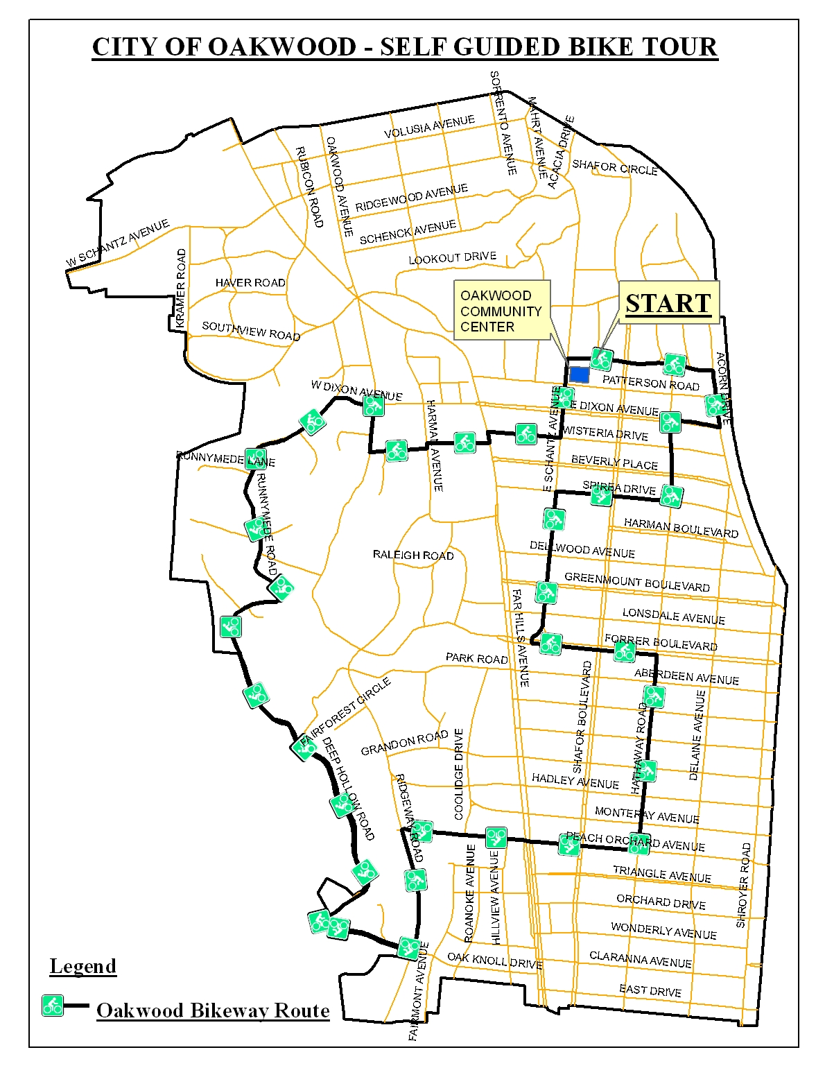 Map titled City of Oakwood - Self Guided Bike Tour showing the Oakwood Bikeway Route as a black line with green bicycle markers, START at Oakwood Community Center, labelled streets, and a legend.