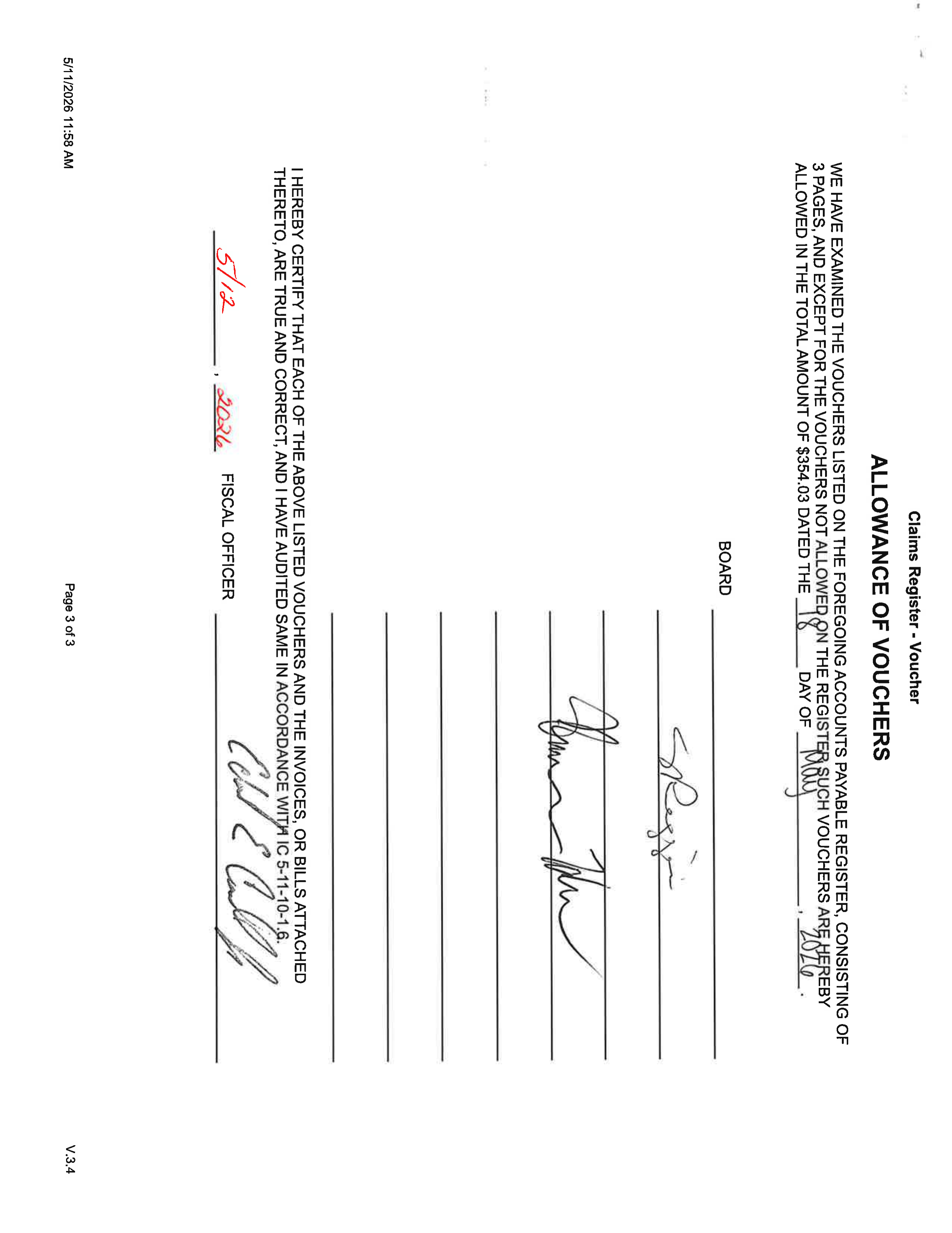 Claims Register - Allowance of Vouchers form dated May 18, 2026, total amount $354.03, with Board and Fiscal Officer signatures