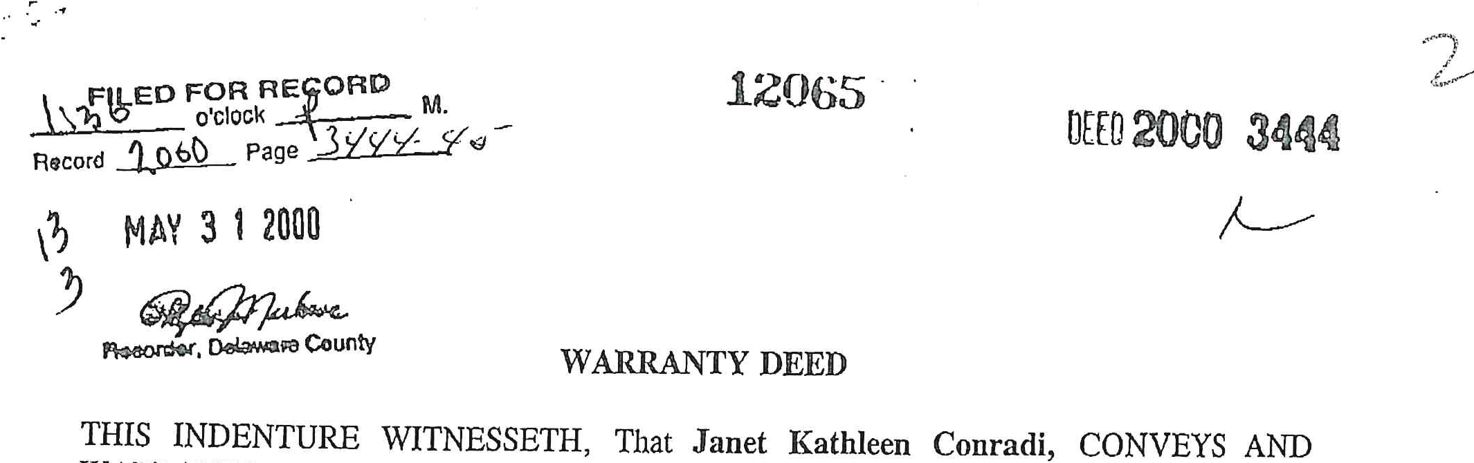Filing for record stamp, recorder signature, and document deed numbers