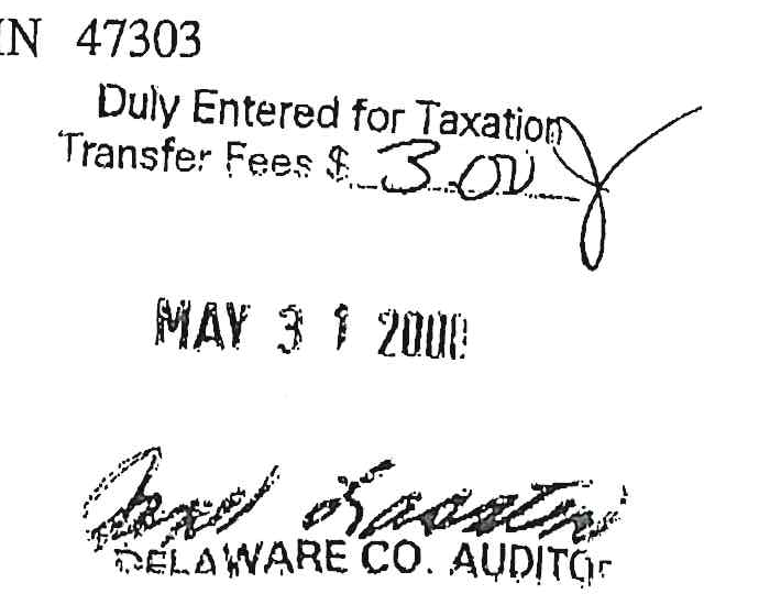 Delaware County Auditor tax entry stamp with signature and date
