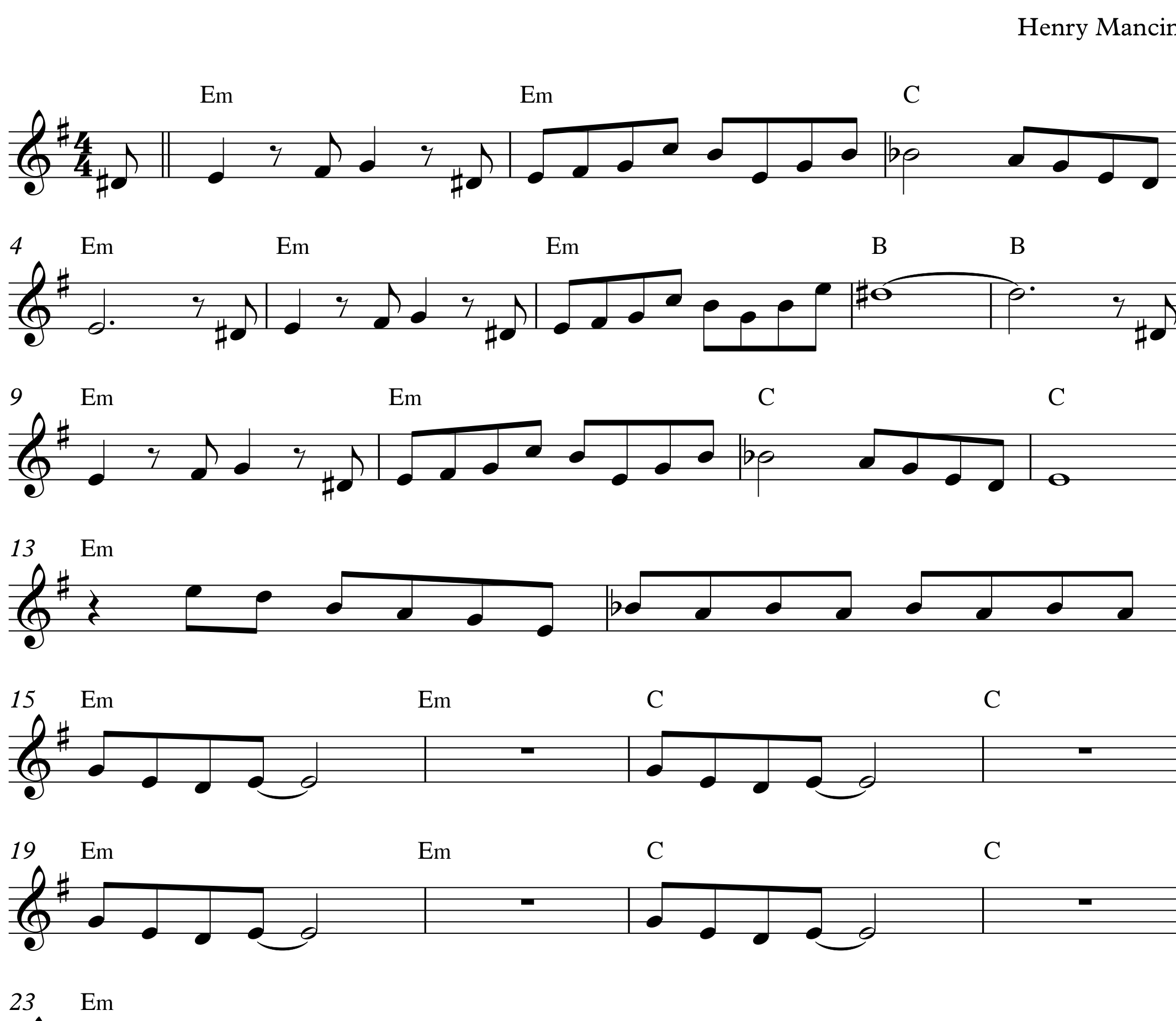 Sheet music score for The Pink Panther melody by Henry Mancini, featuring 7 staves in 4/4 time signature with chord symbols Em, C, and B.