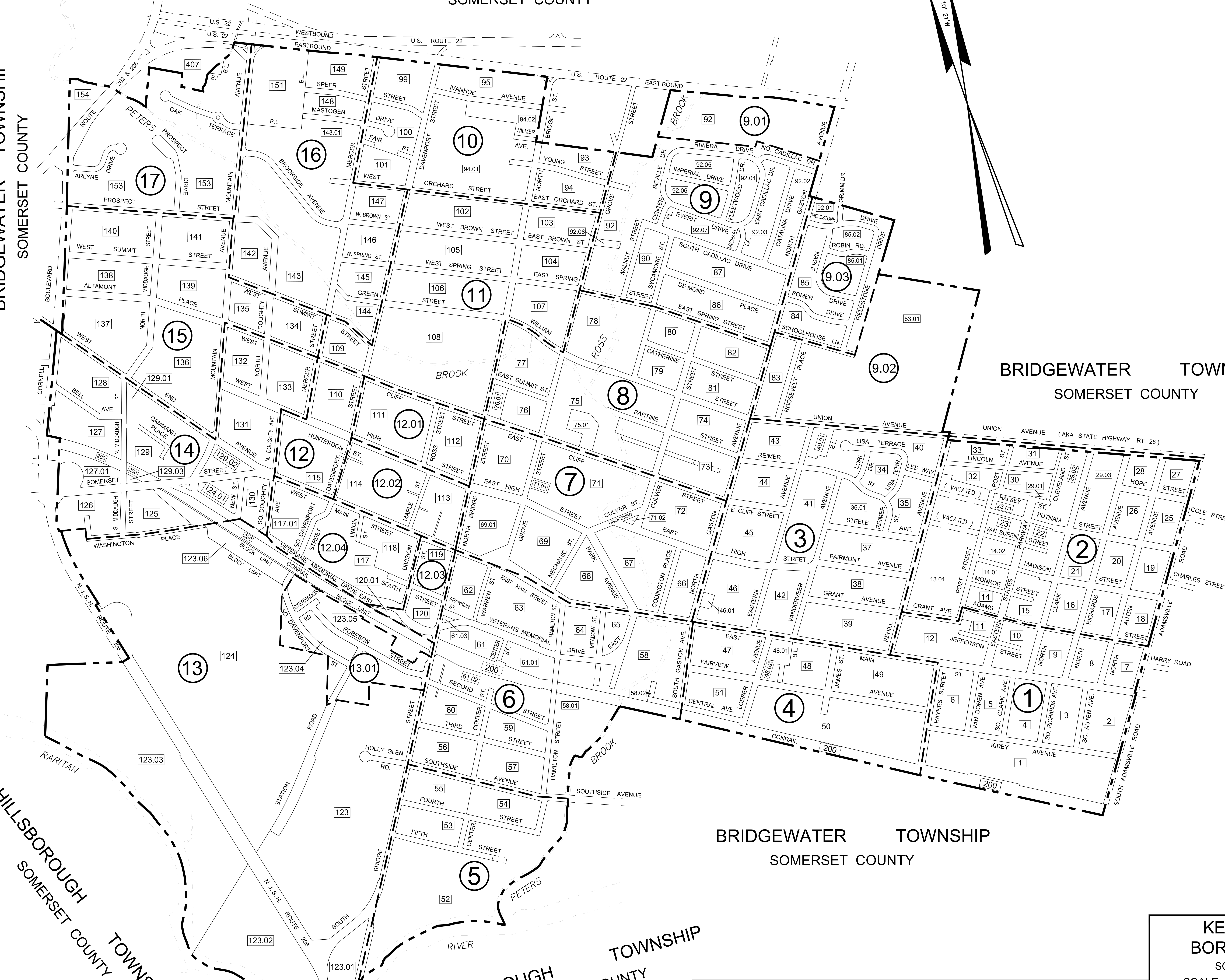 Key Map and Index Sheet for Borough of Somerville showing street grid, tax map sheet numbers, block numbers, and municipal boundaries