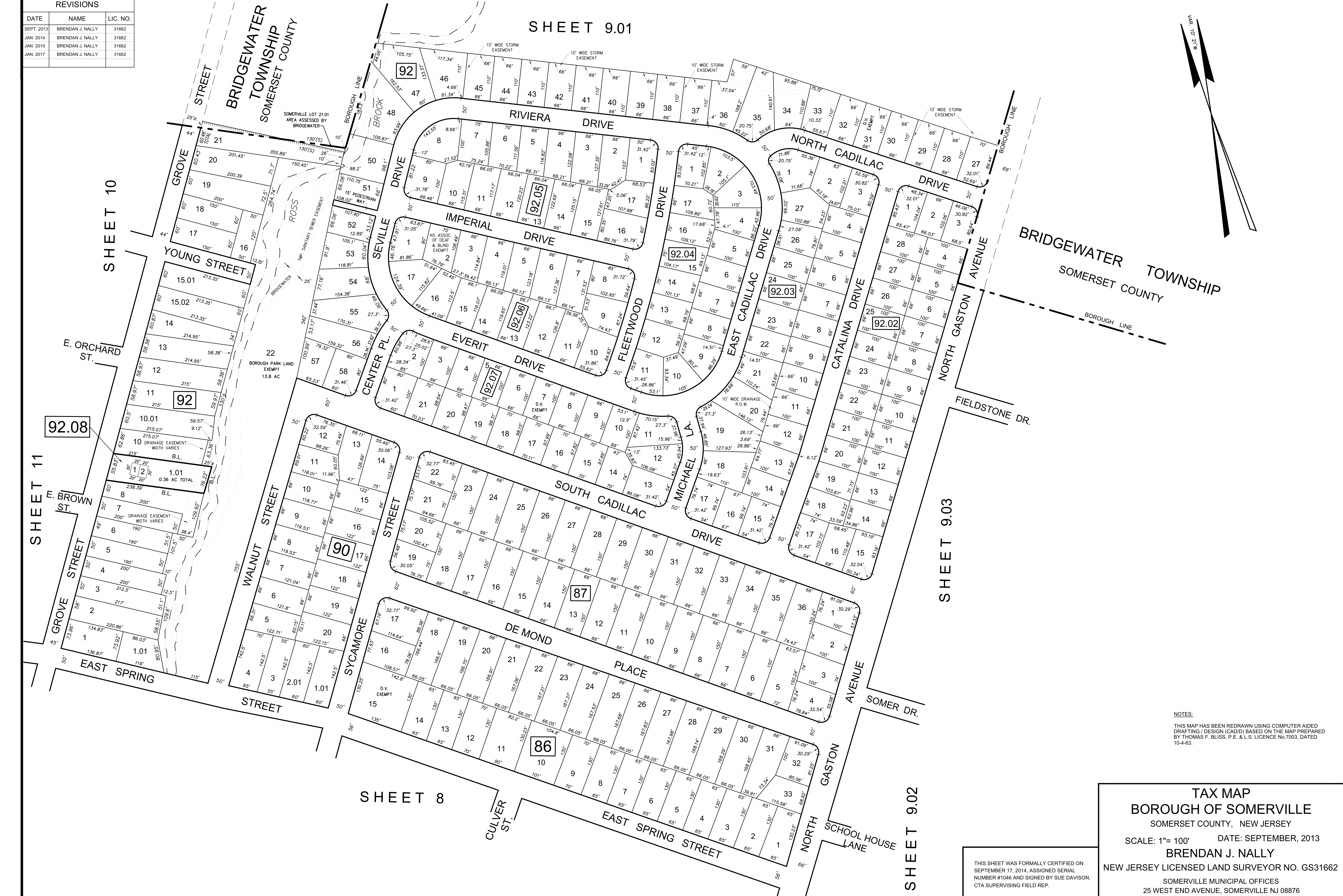 Cadastral Tax Map Sheet 9 for Borough of Somerville, Somerset County, NJ. Showing parcel subdivisions, dimensions, and lot numbers along Cadillac Drive, Riviera Drive, Imperial Drive, Everit Drive, South Cadillac Drive, De Mond Place, East Spring Street, Gaston Avenue, Walnut Street, and Bridgewater Township boundary.
