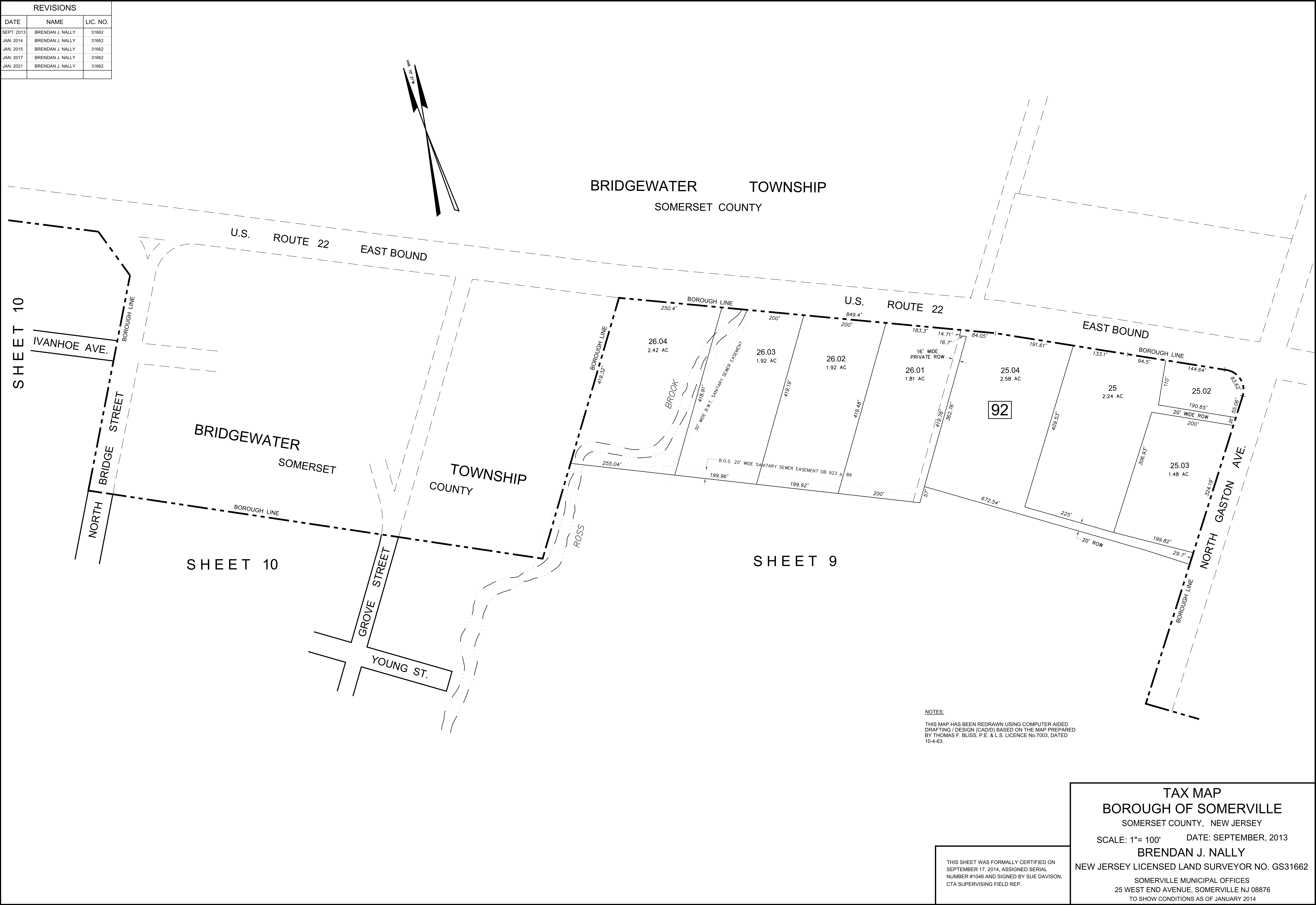 Borough of Somerville Tax Map Sheet 9.01 showing Block 92 lots (25, 25.02, 25.03, 25.04, 26.01, 26.02, 26.03, 26.04) bounded by U.S. Route 22 East Bound, North Bridge Street, North Gaston Avenue, Grove Street, and Young Street at the Bridgewater Township border.