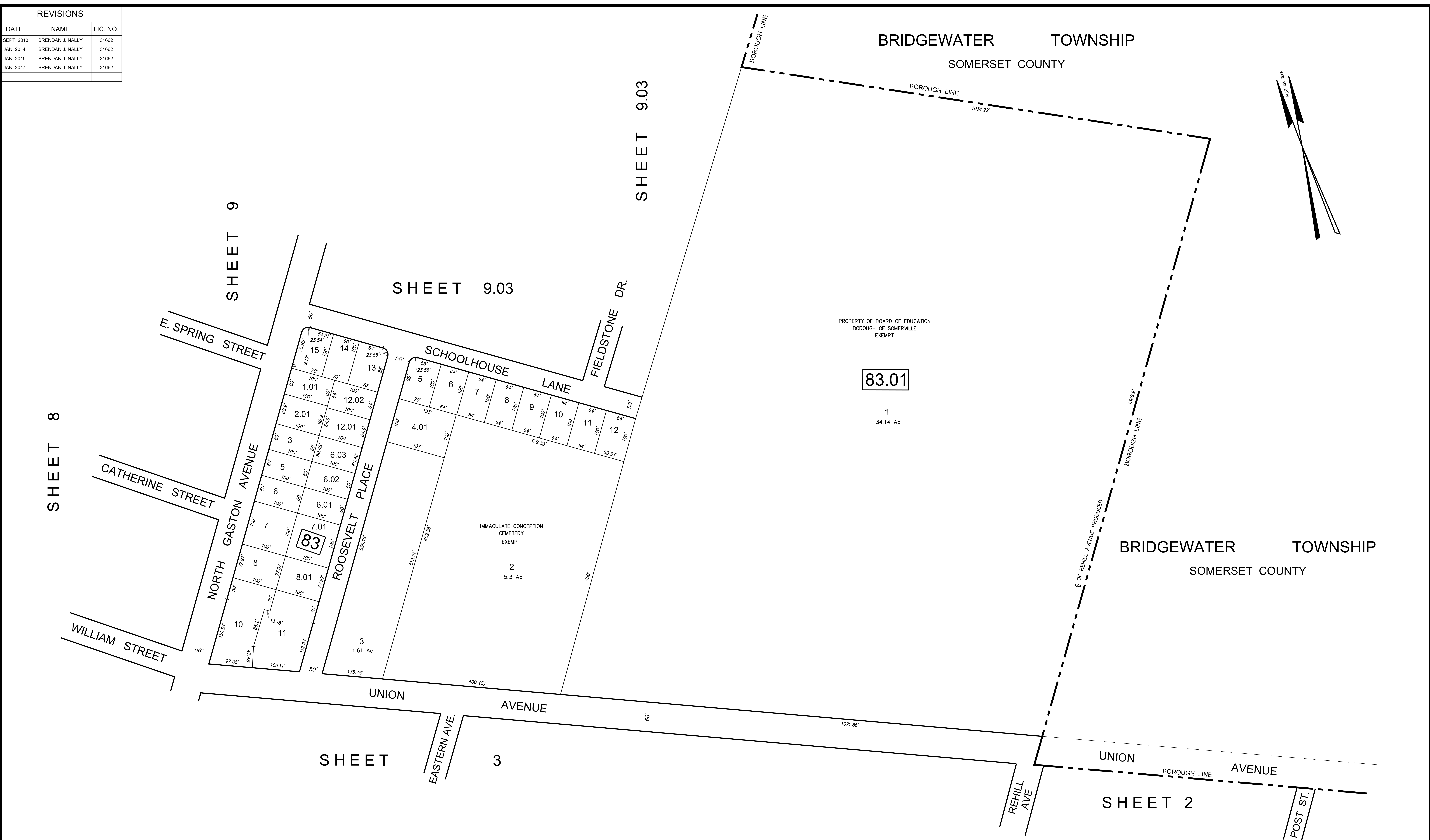 Tax Map Sheet 9.02 cadastral survey diagram showing Block 83 and Block 83.01 in Somerville Borough, Somerset County, New Jersey, adjacent to Bridgewater Township with lots, street alignments, dimensions, and bearings.