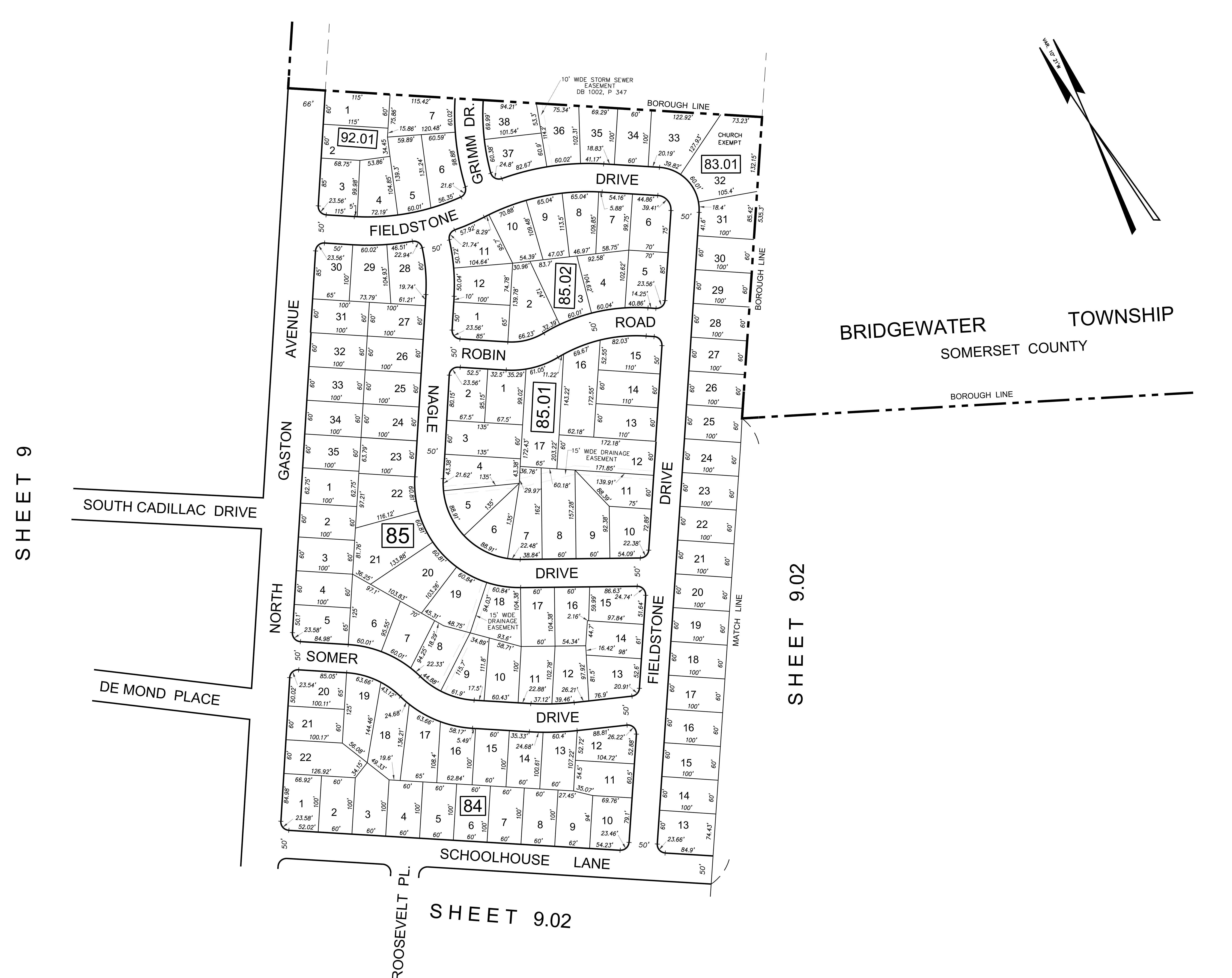 Tax Map Borough of Somerville Sheet 9.03 depicting lots and blocks along North Gaston Avenue, South Cadillac Drive, De Mond Place, Somer Drive, Fieldstone Drive, Robin Road, Nagle Drive, Grimm Drive, Schoolhouse Lane, Roosevelt Place, and Bridgewater Township municipal boundary.