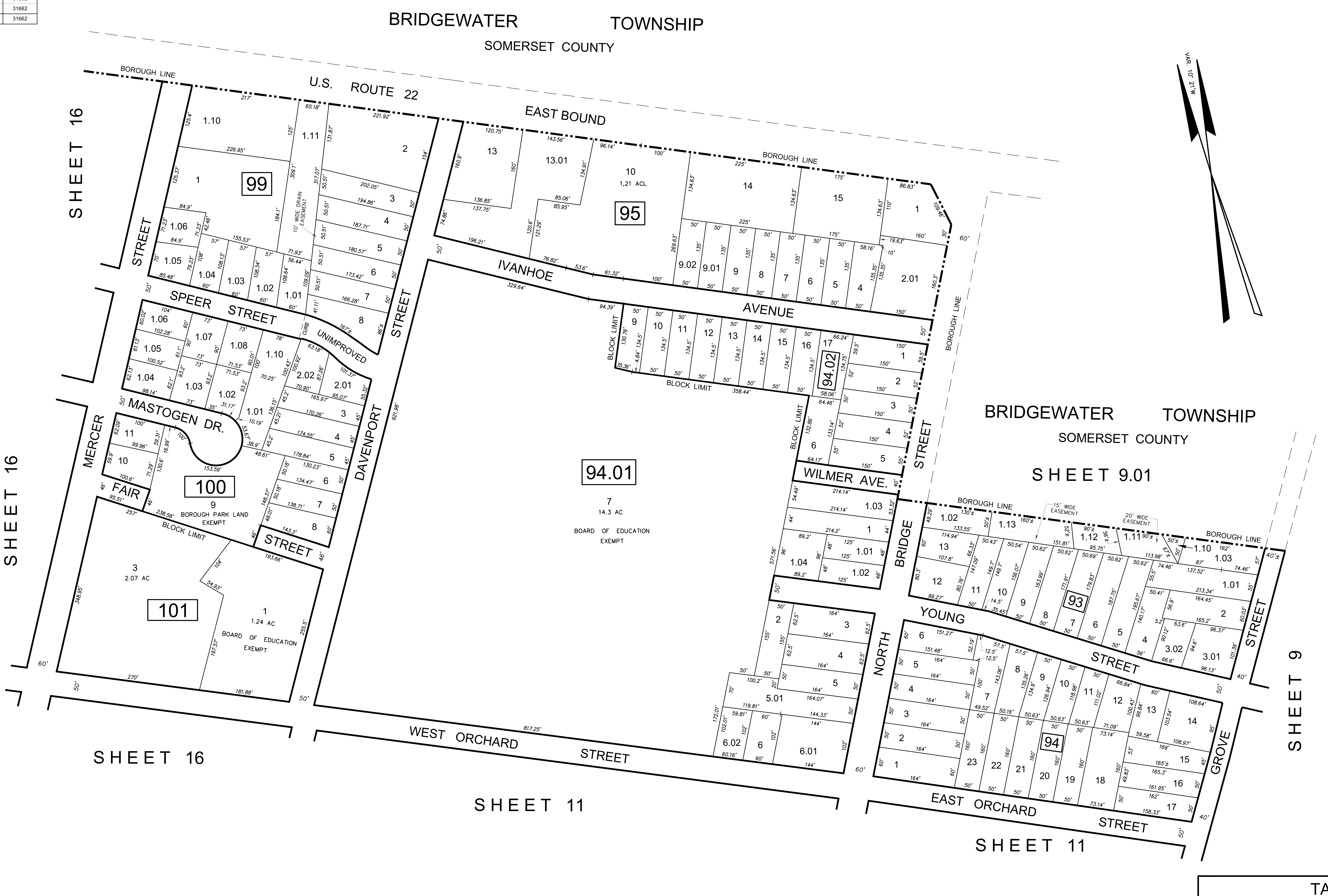 Tax Map of Borough of Somerville showing Blocks 93, 94, 94.01, 94.02, 95, 99, 100, 101 and surrounding streets including U.S. Route 22, Speer Street, Mastogen Dr., Davenport Street, Mercer Street, Ivanhoe Avenue, Wilmer Ave., North Bridge Street, Young Street, East Orchard Street, West Orchard Street, and Grove Street