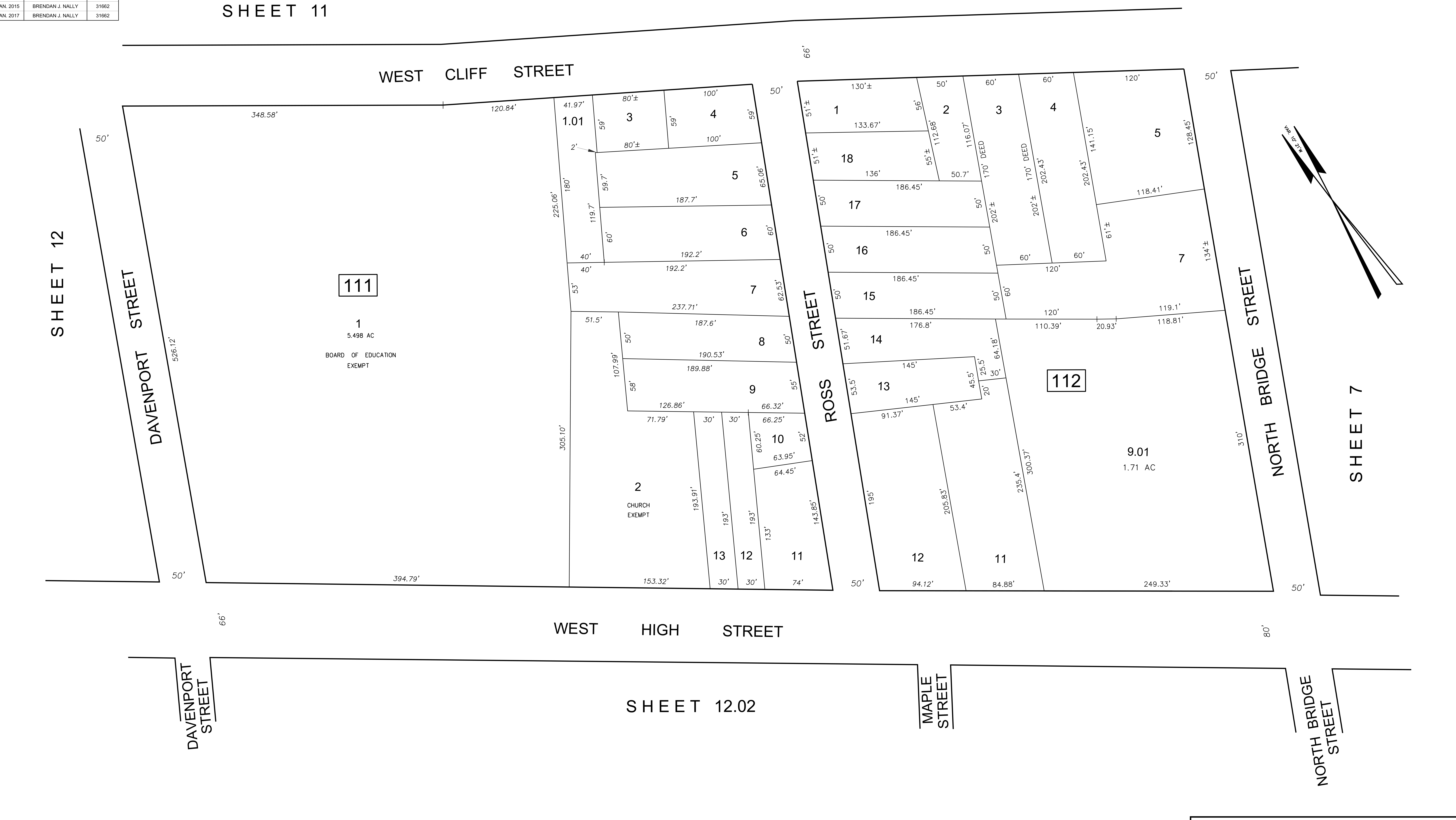 Tax Map Sheet 12.01 showing Block 111 and Block 112 bounded by West Cliff Street, West High Street, Davenport Street, Ross Street, Maple Street, and North Bridge Street.