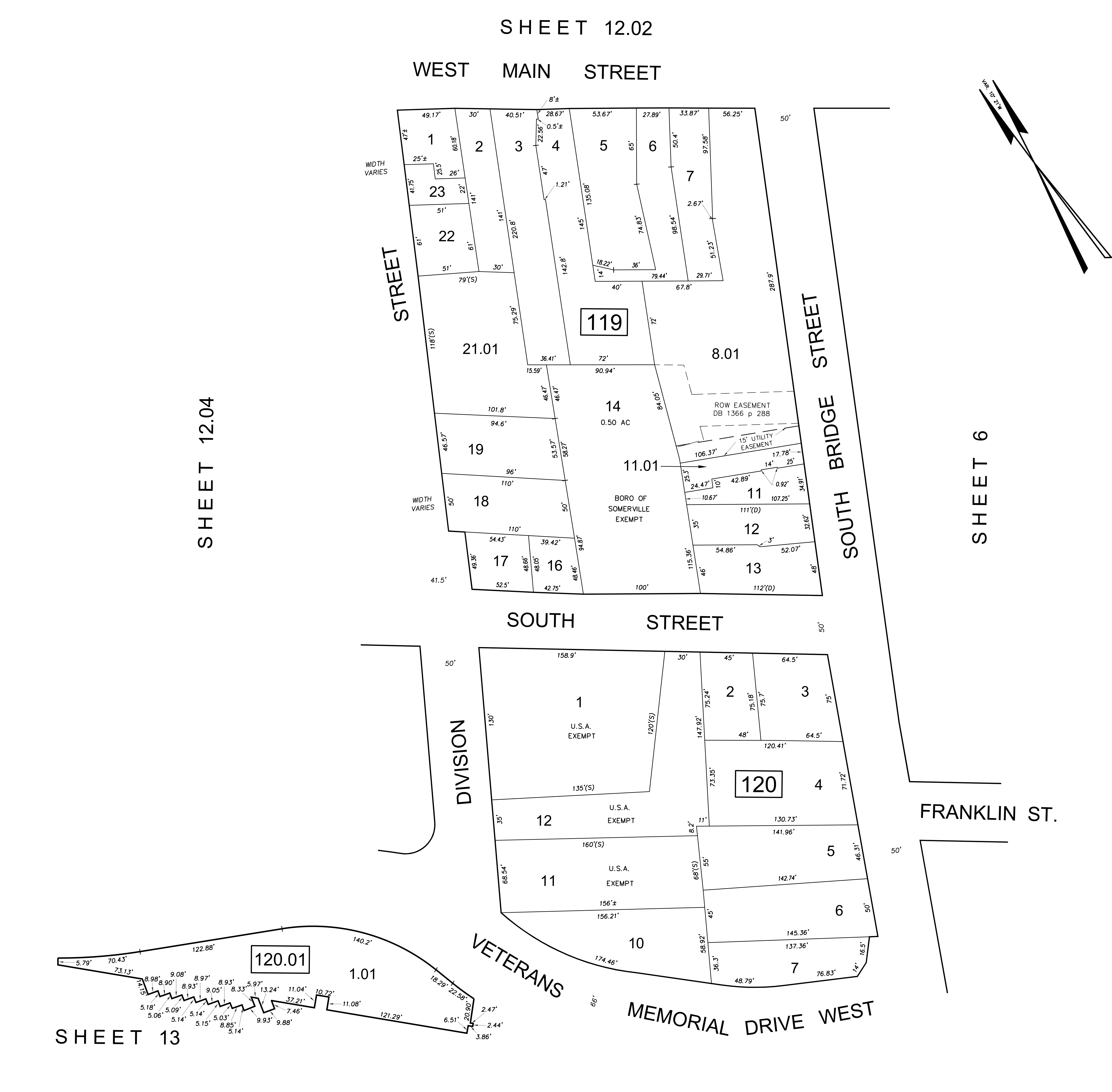 Borough of Somerville Tax Map Sheet 12.03 showing Blocks 119, 120, and 120.01 along West Main Street, South Street, South Bridge Street, and Veterans Memorial Drive West