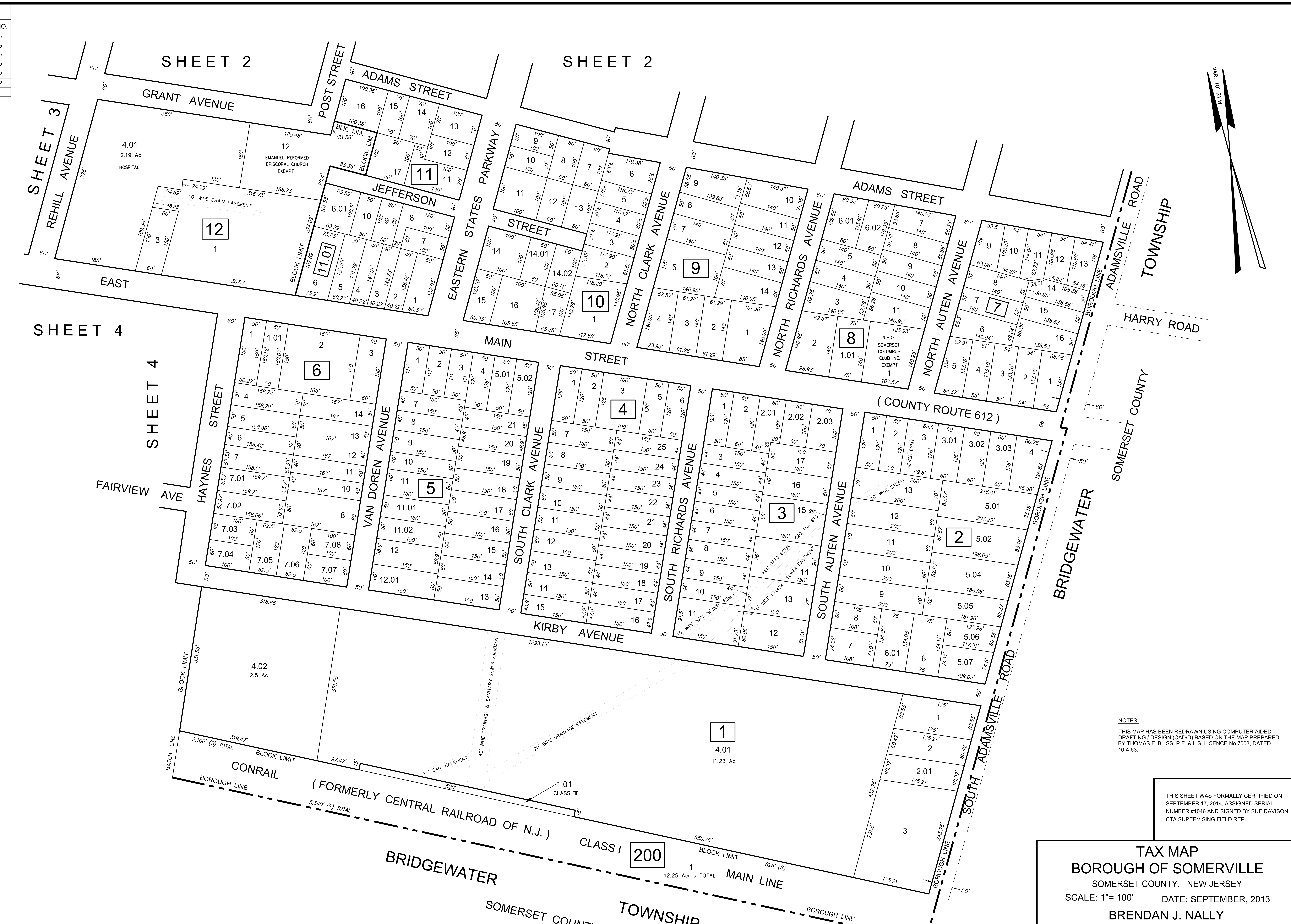 Borough of Somerville Tax Map Sheet 1 displaying blocks 1, 2, 3, 4, 5, 6, 7, 8, 9, 10, 11, 12, and 200, street layouts, lot divisions, Conrail railway lines, and boundary with Bridgewater Township.