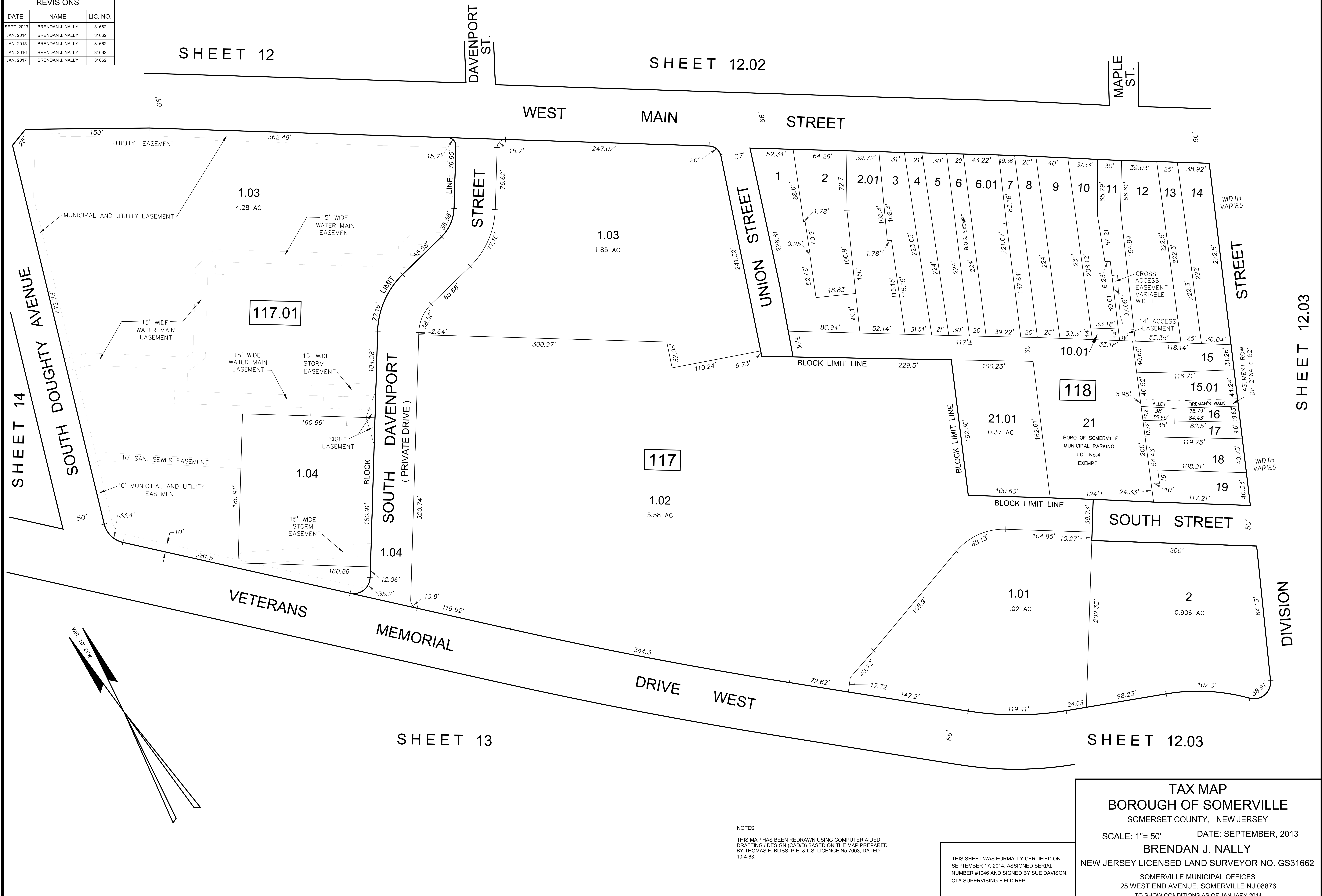 Tax Map Sheet 12.04 showing Borough of Somerville Blocks 117.01, 117, and 118 with parcel boundaries, dimensions, easements, and adjacent streets including West Main Street, Union Street, South Davenport Street, Maple Street, and Veterans Memorial Drive West