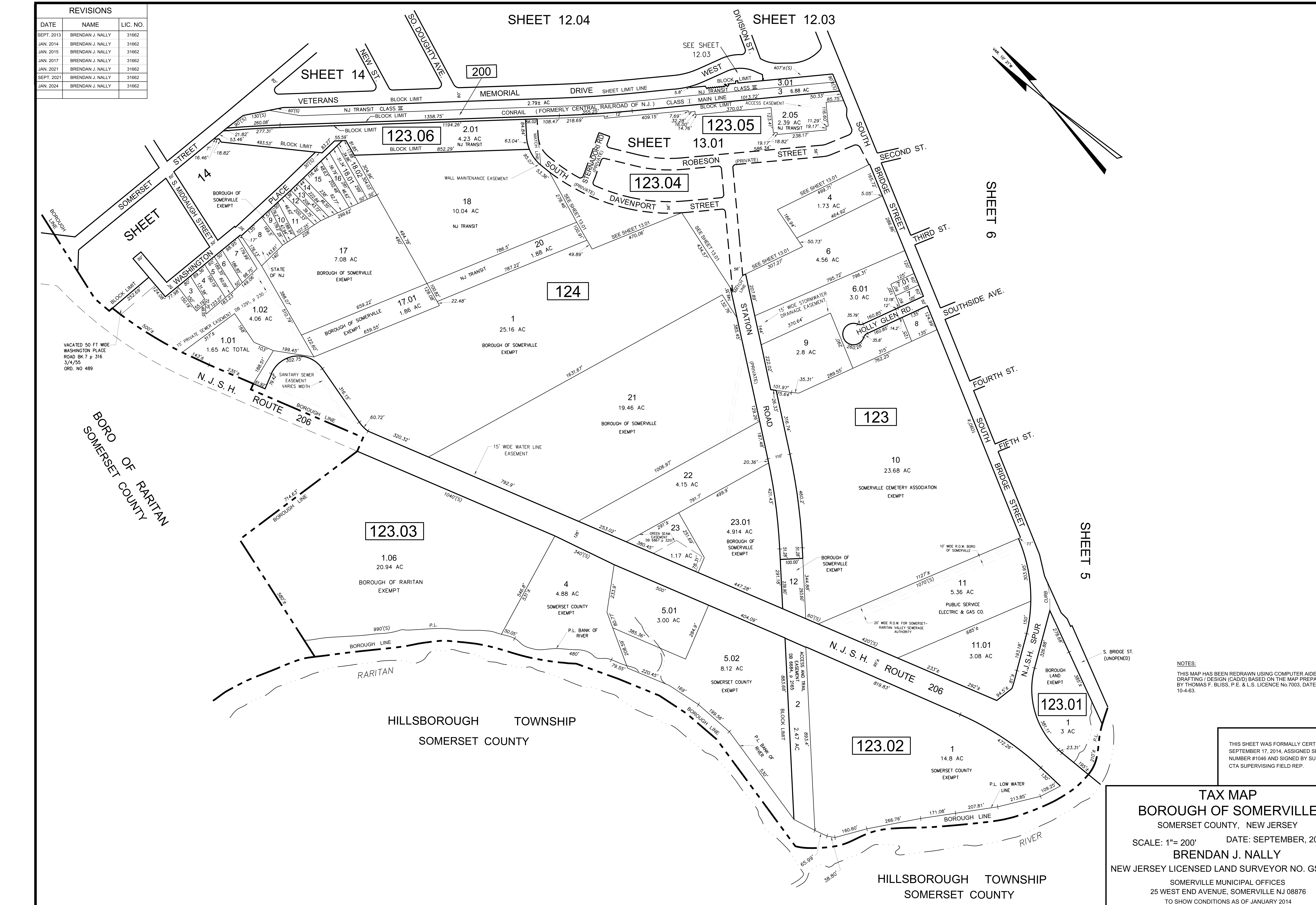 Borough of Somerville Tax Map Sheet 13 - Cadastral Survey Plan showing Blocks 123, 123.01-123.06, 124, 200 and surrounding streets