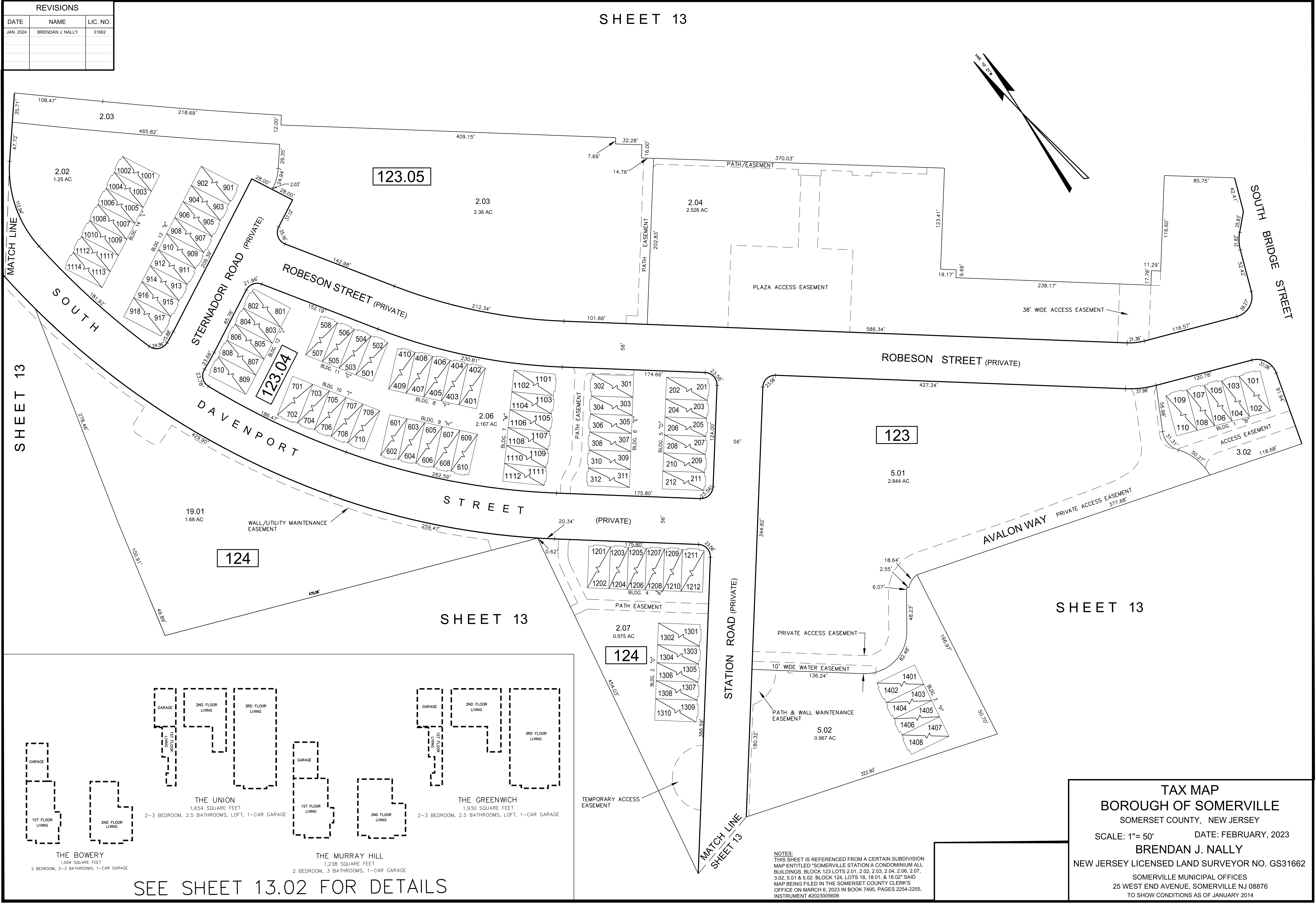Borough of Somerville Tax Map Sheet 13.01 showing Somerville Station Condominium parcels, Block 123 (Lots 2.03, 2.04, 5.01, 3.02, 123.04, 123.05), Block 124 (Lots 2.07, 19.01, 5.02), unit buildings 1 through 14, Robeson Street, Sternadori Road, Station Road, Davenport Street, Avalon Way, South Bridge Street, and floor plan models