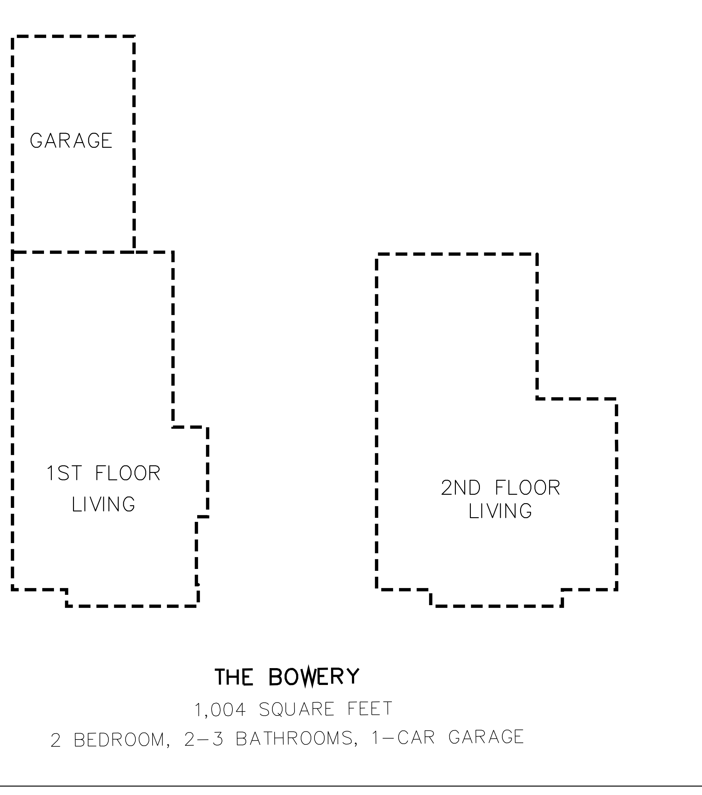 THE BOWERY - 1,004 SQUARE FEET - 2 BEDROOM, 2-3 BATHROOMS, 1-CAR GARAGE - 1st Floor Living and 2nd Floor Living Floor Plan