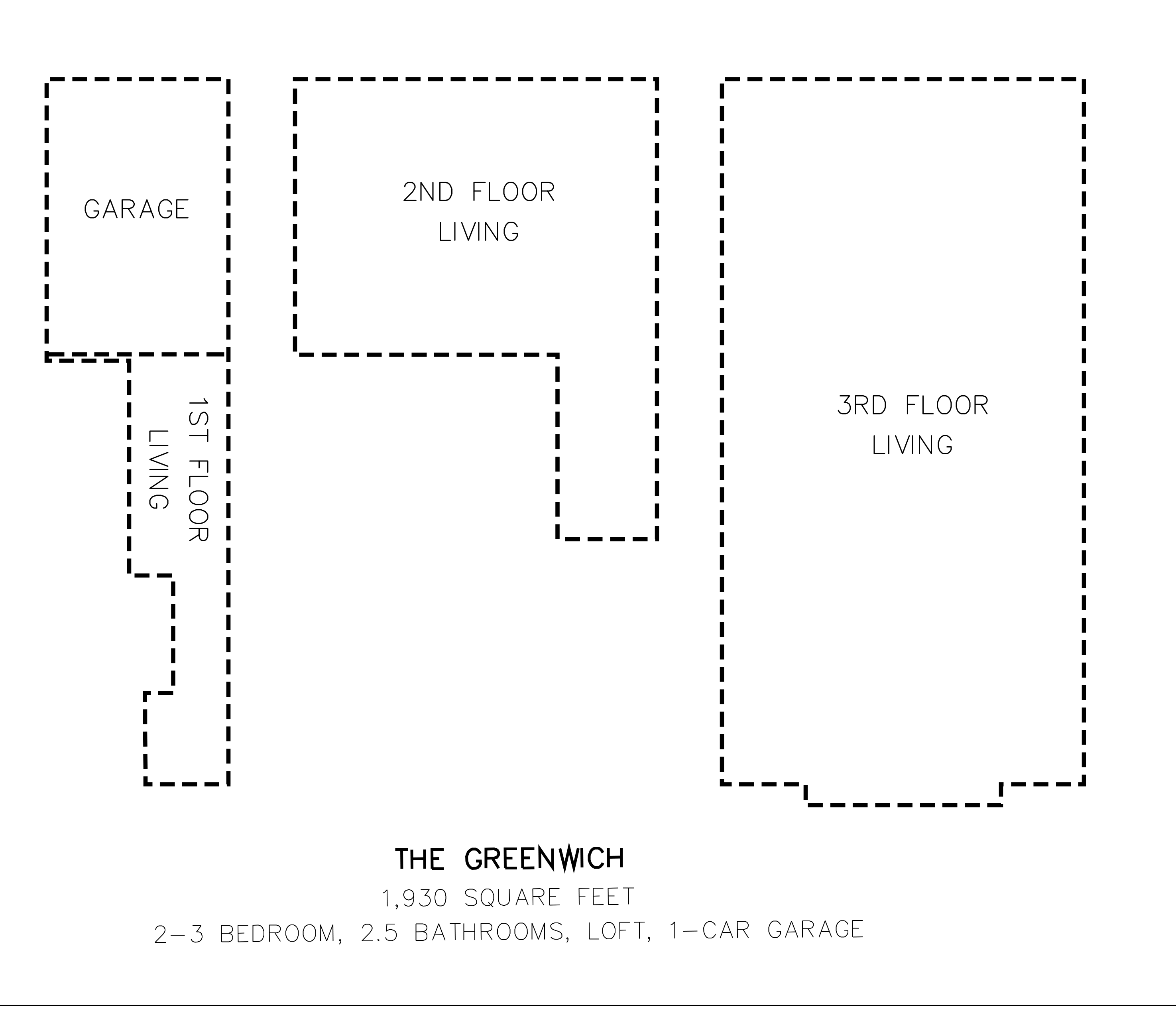 THE GREENWICH - 1,930 SQUARE FEET - 2-3 BEDROOM, 2.5 BATHROOMS, LOFT, 1-CAR GARAGE - 1st Floor Living, 2nd Floor Living and 3rd Floor Living Floor Plan
