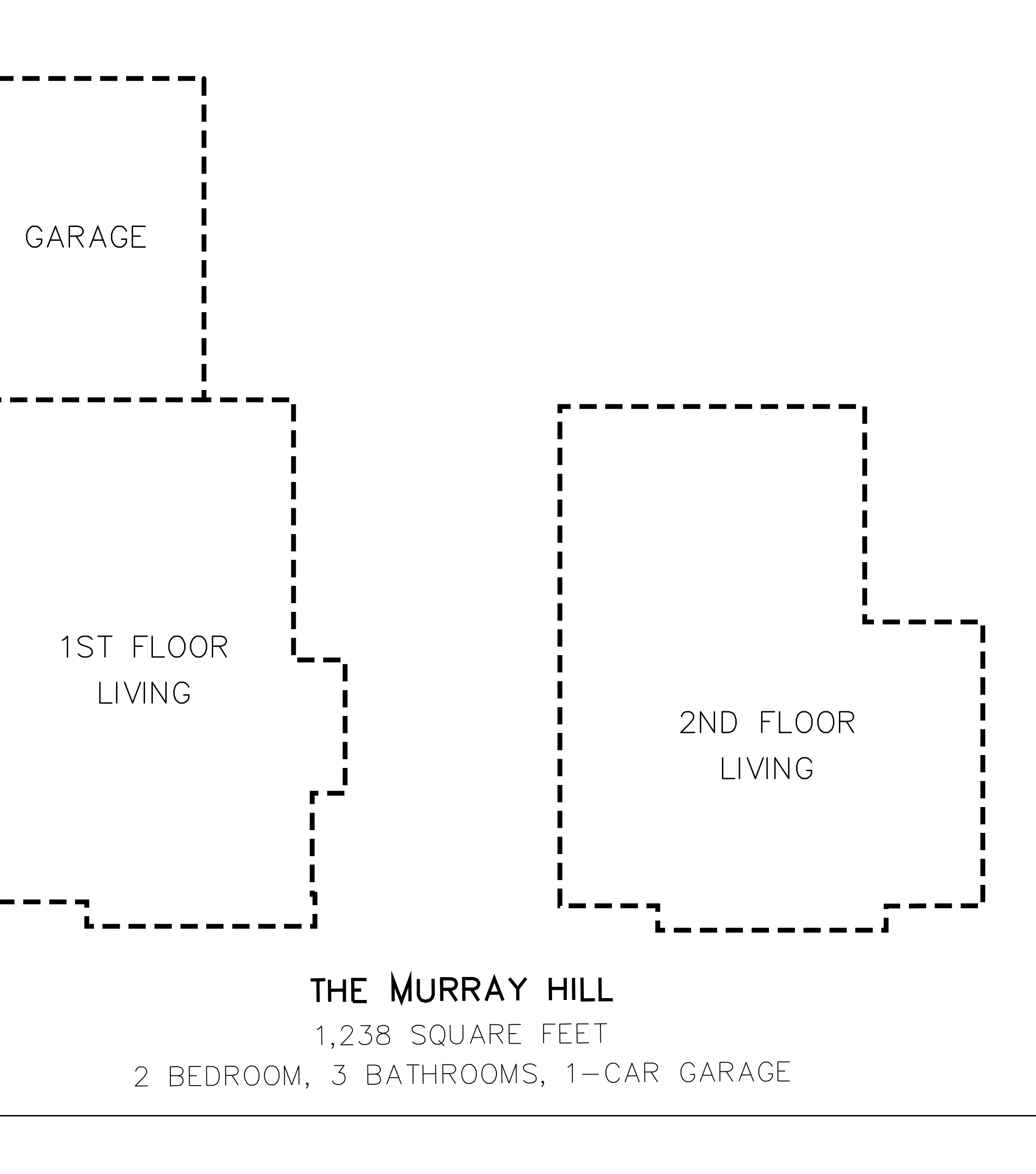 THE MURRAY HILL - 1,238 SQUARE FEET - 2 BEDROOM, 3 BATHROOMS, 1-CAR GARAGE - 1st Floor Living and 2nd Floor Living Floor Plan
