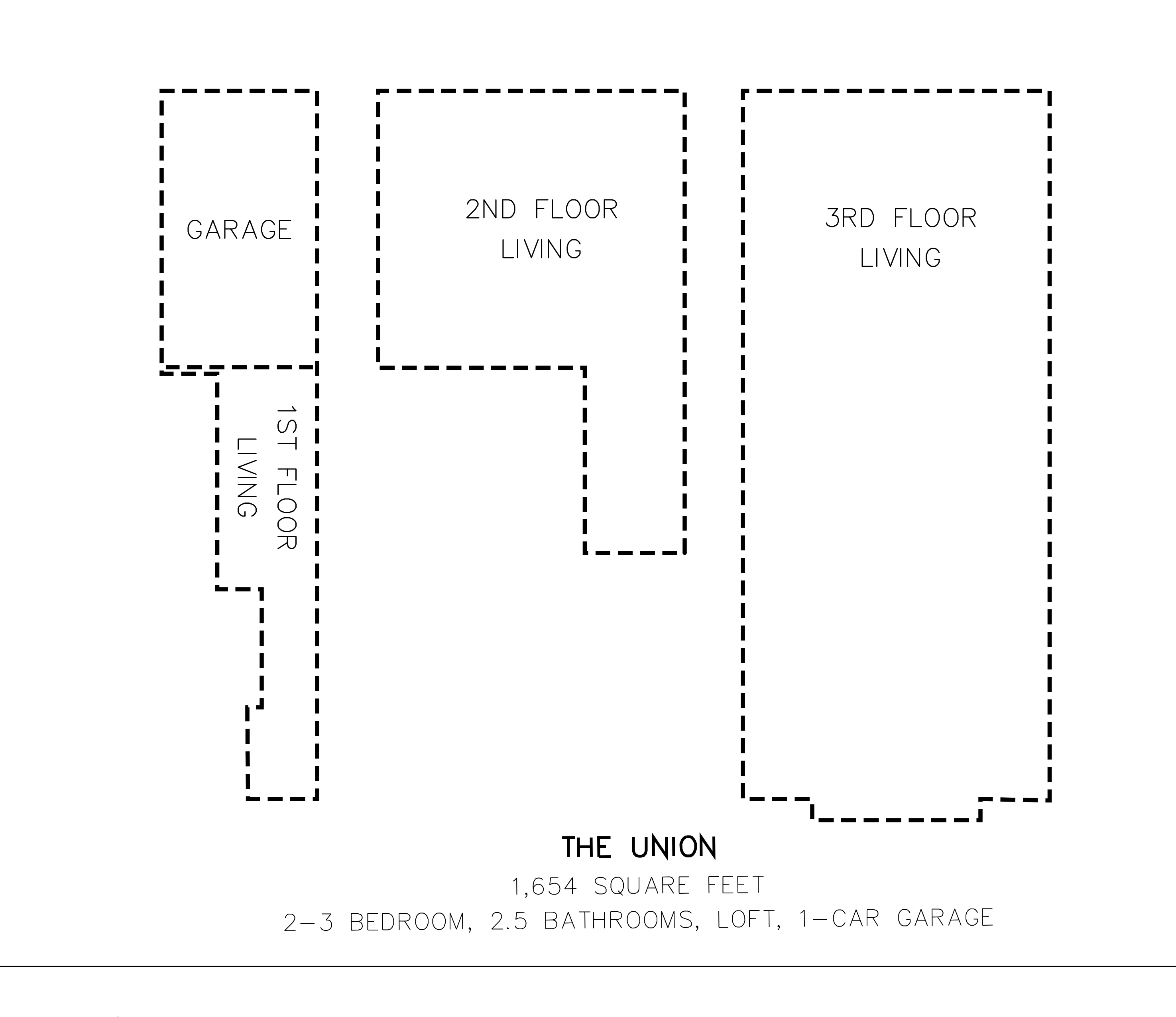 THE UNION - 1,654 SQUARE FEET - 2-3 BEDROOM, 2.5 BATHROOMS, LOFT, 1-CAR GARAGE - 1st Floor Living, 2nd Floor Living and 3rd Floor Living Floor Plan