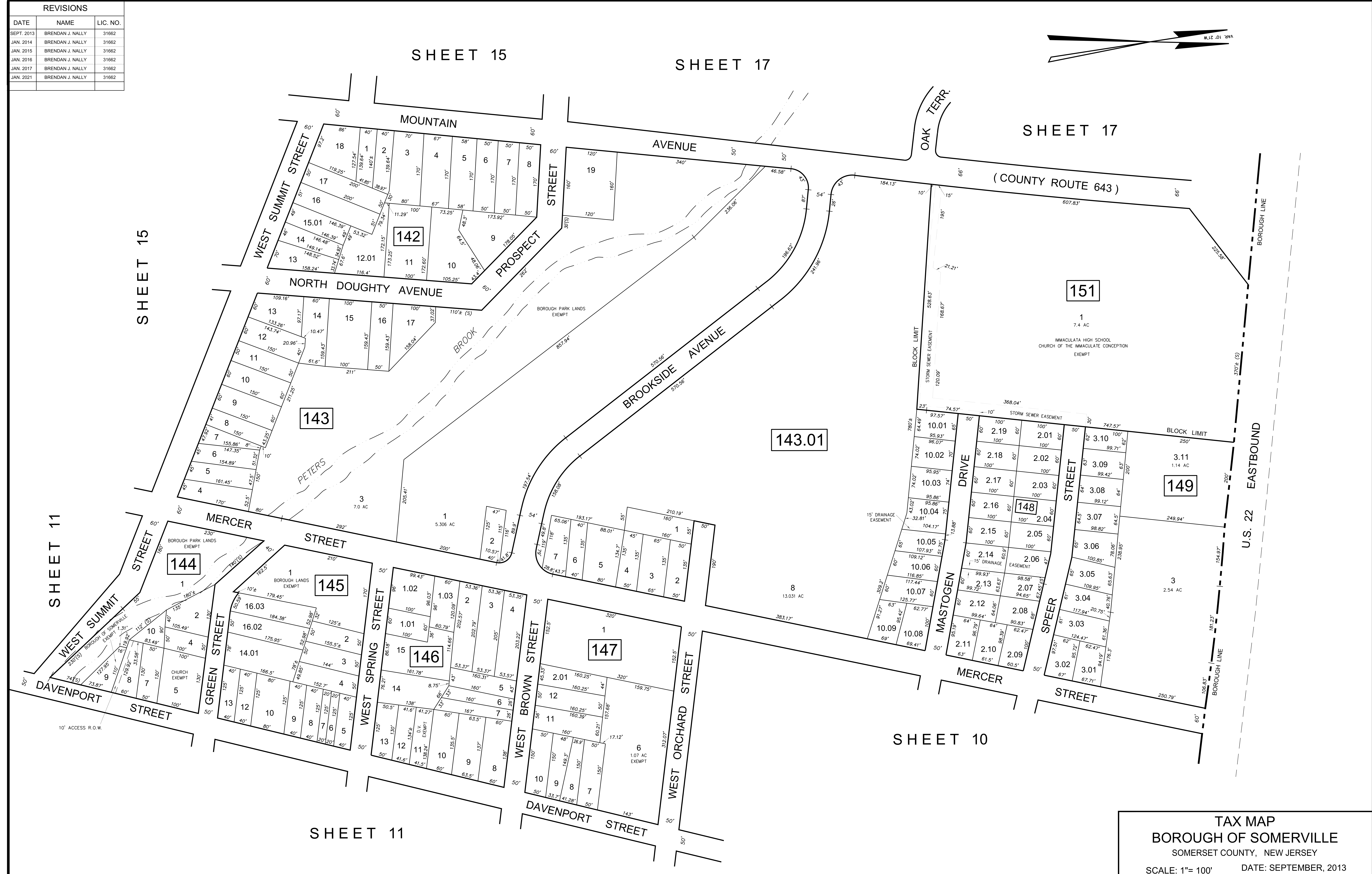 Tax Map of Somerville NJ Sheet 16 showing Mountain Ave, US 22 Eastbound, Brookside Ave, West Summit St, Davenport St, Mercer St, West Spring St, West Brown St, West Orchard St, Speer St, Mastogen Dr, Peters Dr, Blocks 142 through 151 with parcel lot boundaries and dimensions.