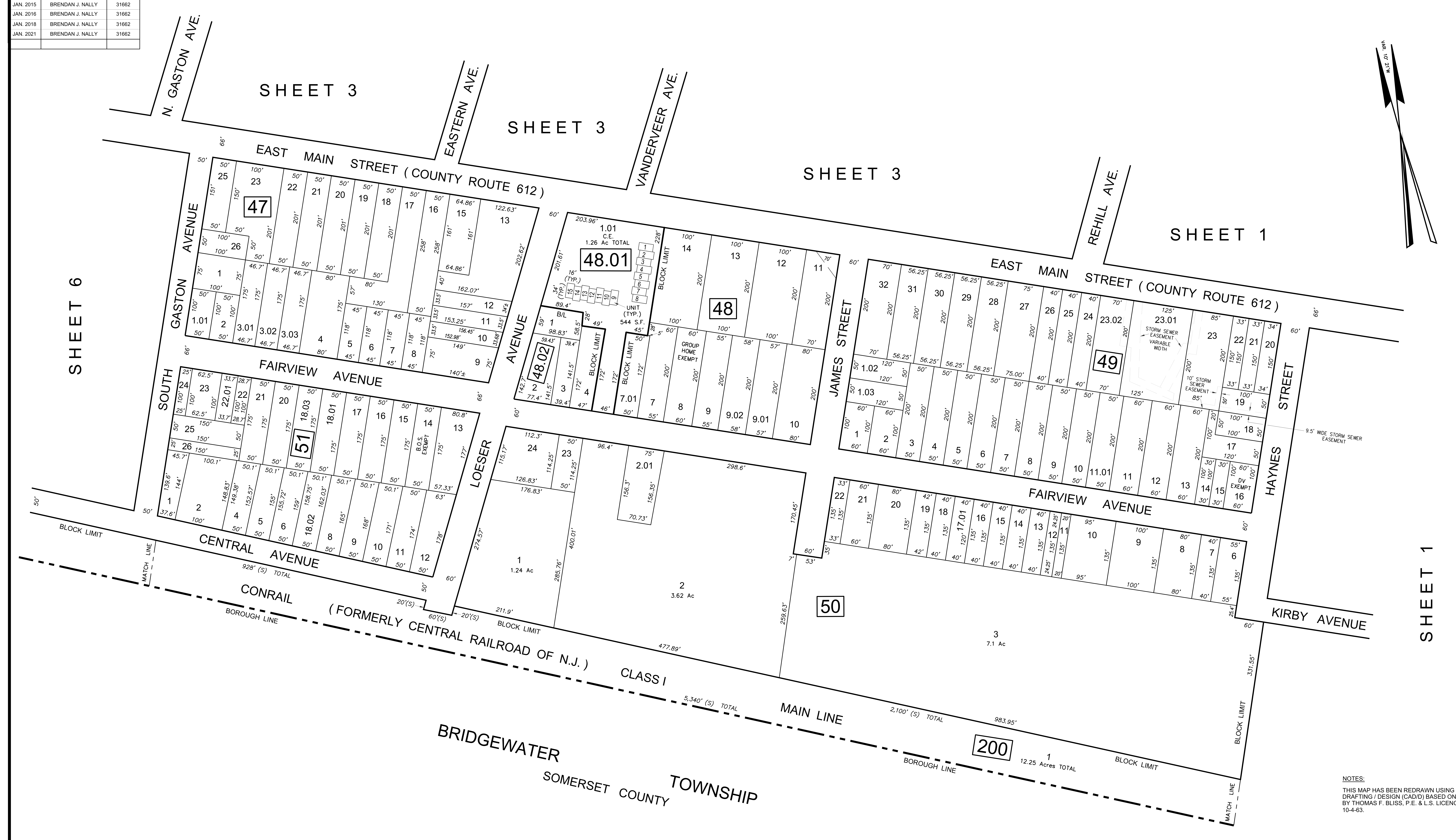 Tax Map of Borough of Somerville, Somerset County, NJ - Sheet 4 showing parcels, lot numbers, dimensions, and blocks 47, 48, 48.01, 48.02, 49, 50, 51, 200 along East Main Street and Conrail corridor