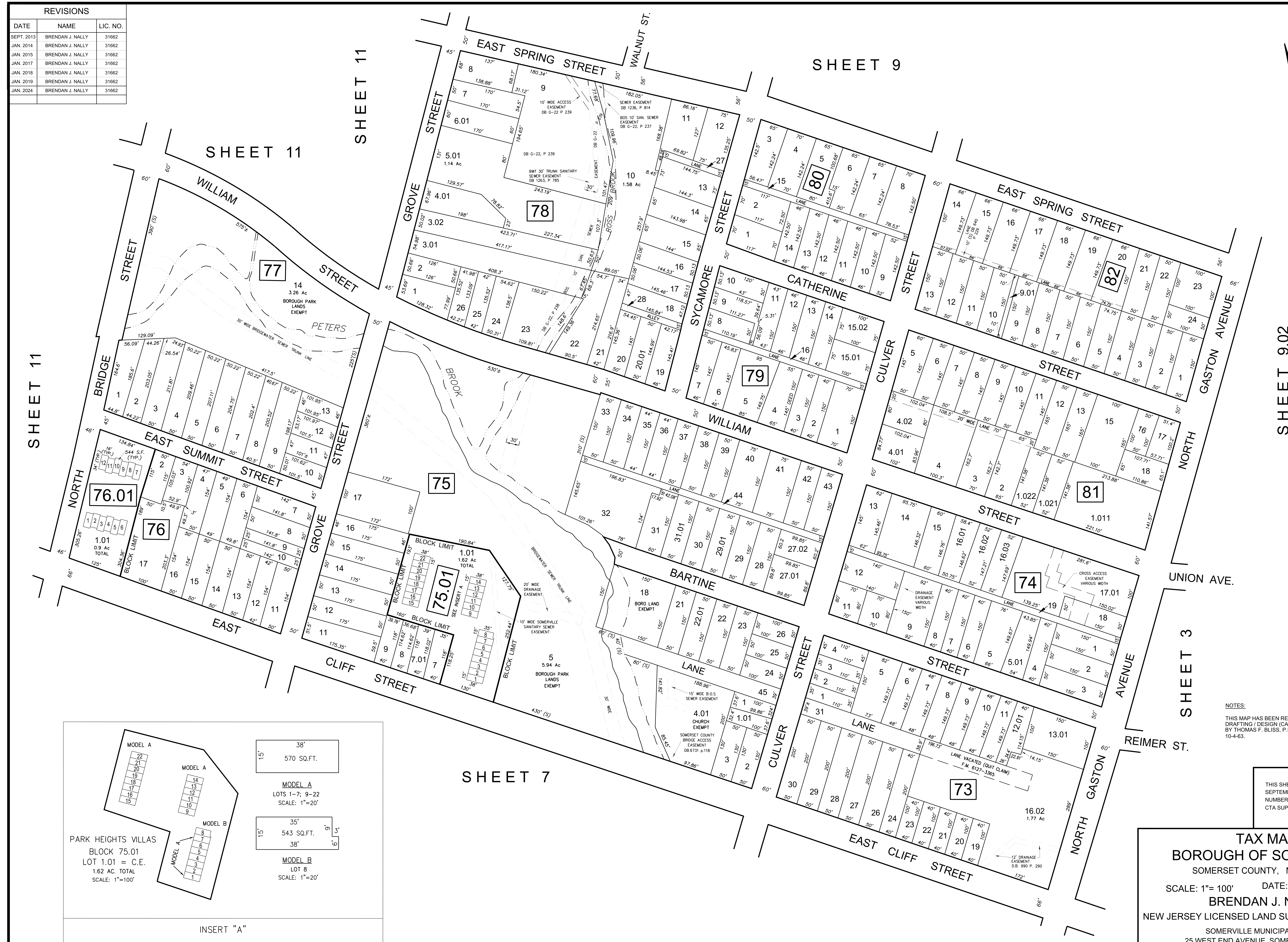 Tax Map Sheet 8, Borough of Somerville, Somerset County, New Jersey showing Blocks 73, 74, 75, 75.01, 76, 76.01, 77, 78, 79, 80, 81, 82 and street grid