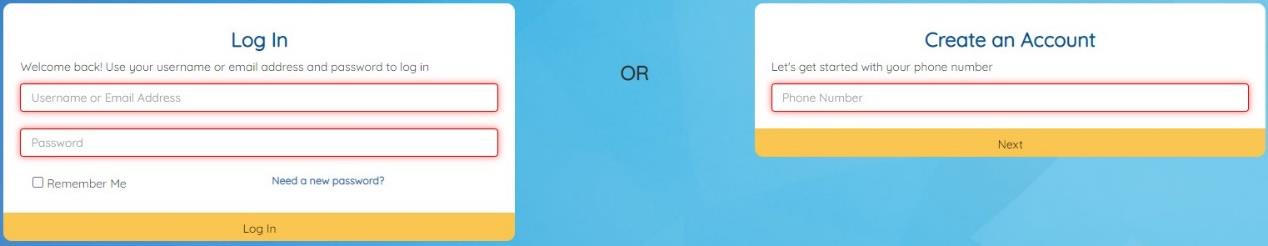 Screenshot of Login and Create an Account screen