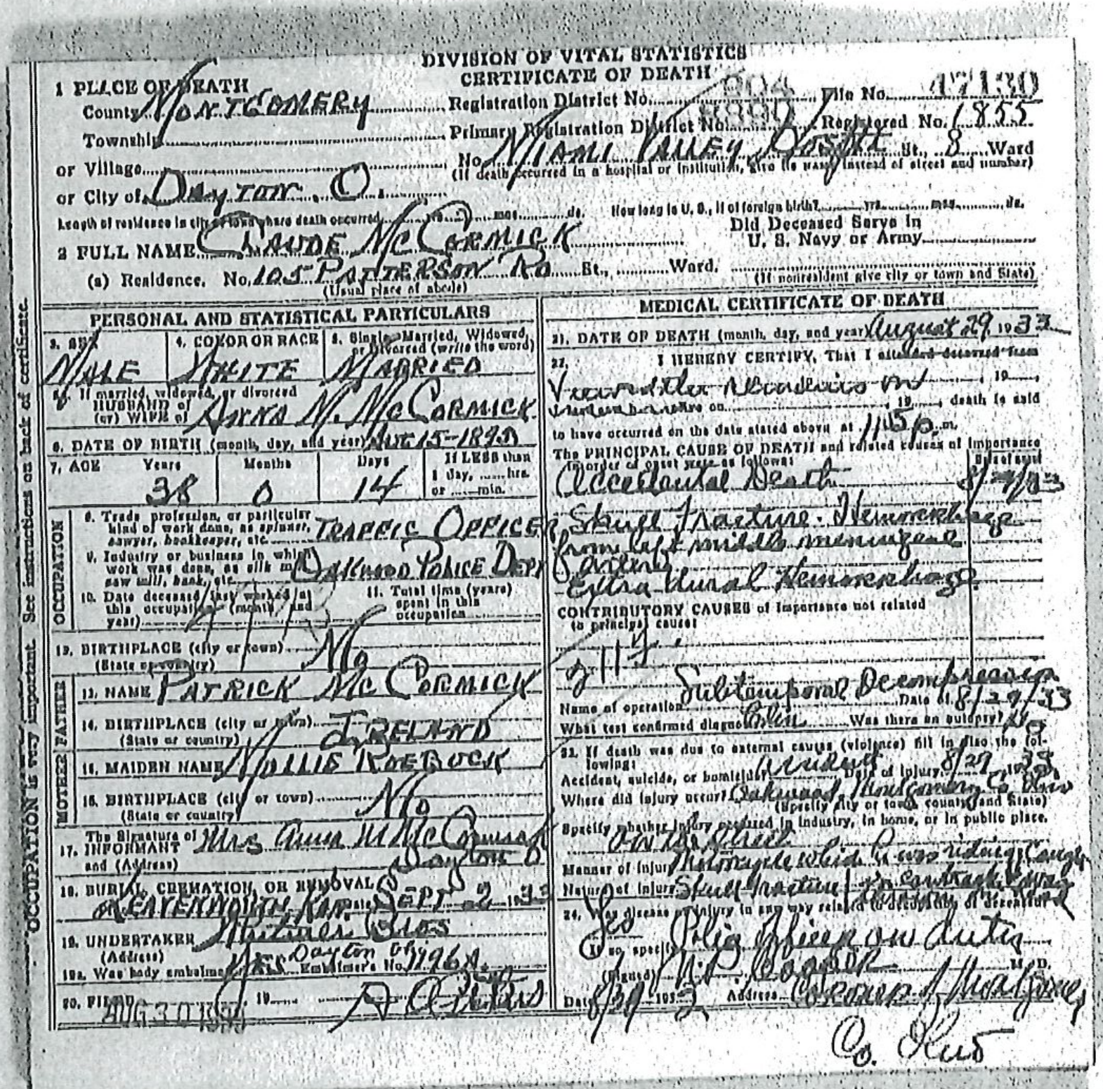 State of Ohio Certificate of Death for Claude McCormick, File No. 47130, Registered No. 1855, dated August 29, 1933.