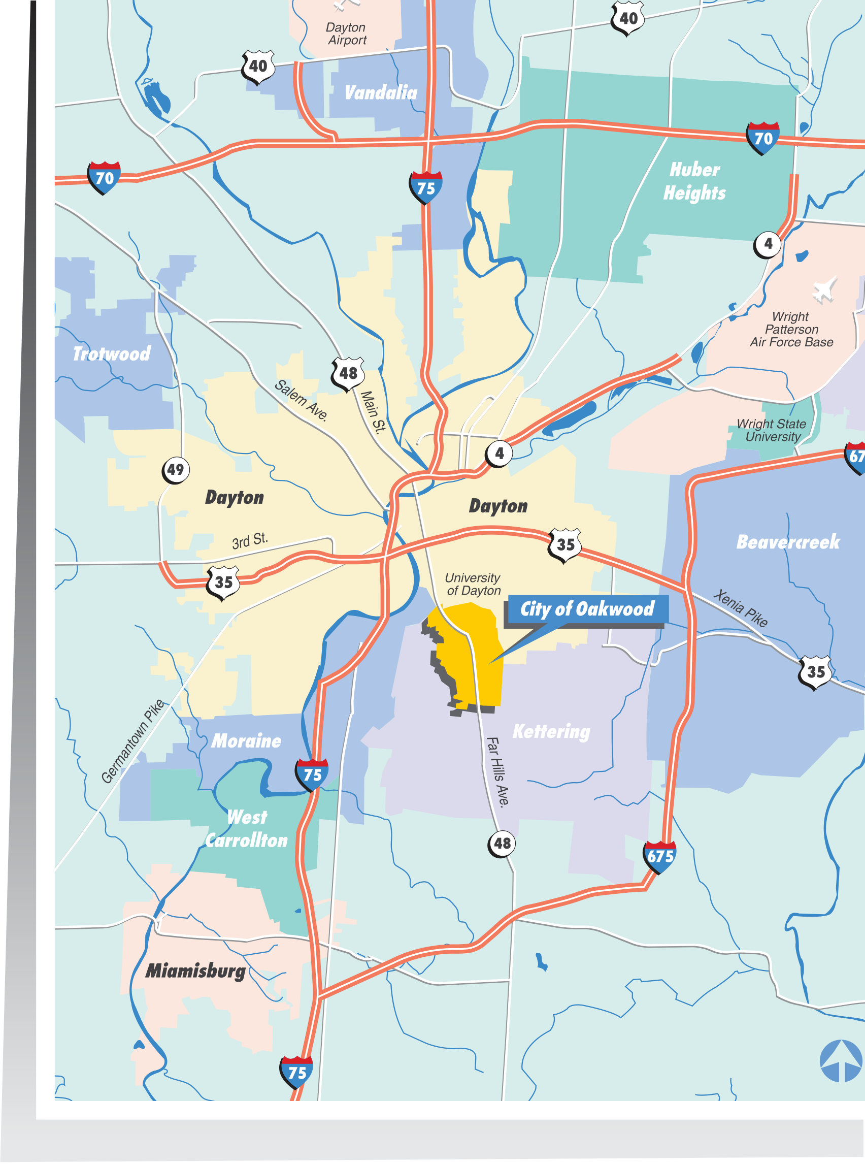 Figure 2: Map of Community Setting showing City of Oakwood, Dayton, Kettering, Huber Heights, Beavercreek, Trotwood, Moraine, Miamisburg and major regional highways